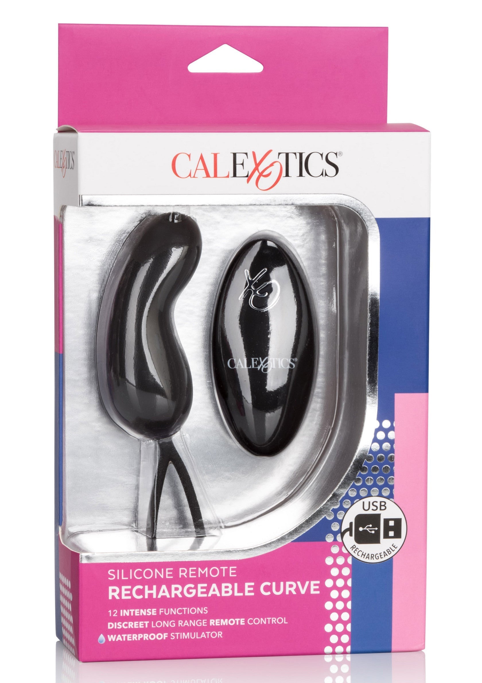Vibrateur rechargeable télécommandé en silicone CalExotics Curve. 12 modes, étanche.; CalExotics Curve oplaadbare, siliconen vibrator met afstandsbediening. 12 standen, waterdicht.; CalExotics Curve rechargeable silicone remote vibrator. 12 functions, waterproof.