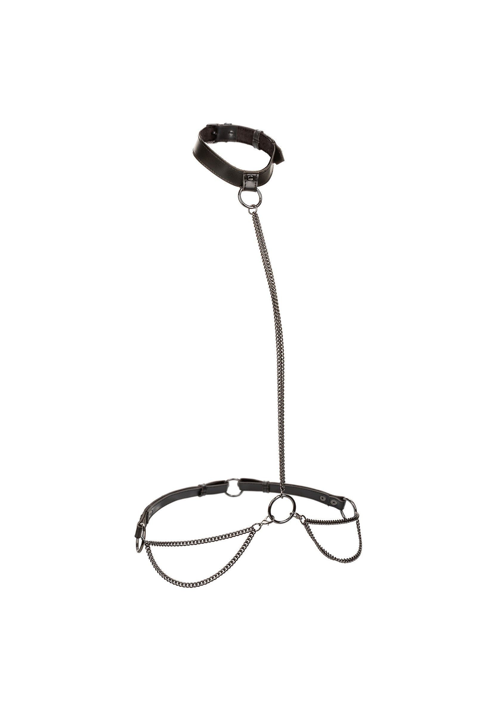 Harnais corporel noir avec collier et chaînes décoratives pour un look audacieux et sophistiqué.; Zwart body harnas met choker en decoratieve kettingen voor een gedurfde en verfijnde look.; Black body harness with choker and decorative chains for a bold and sophisticated look.