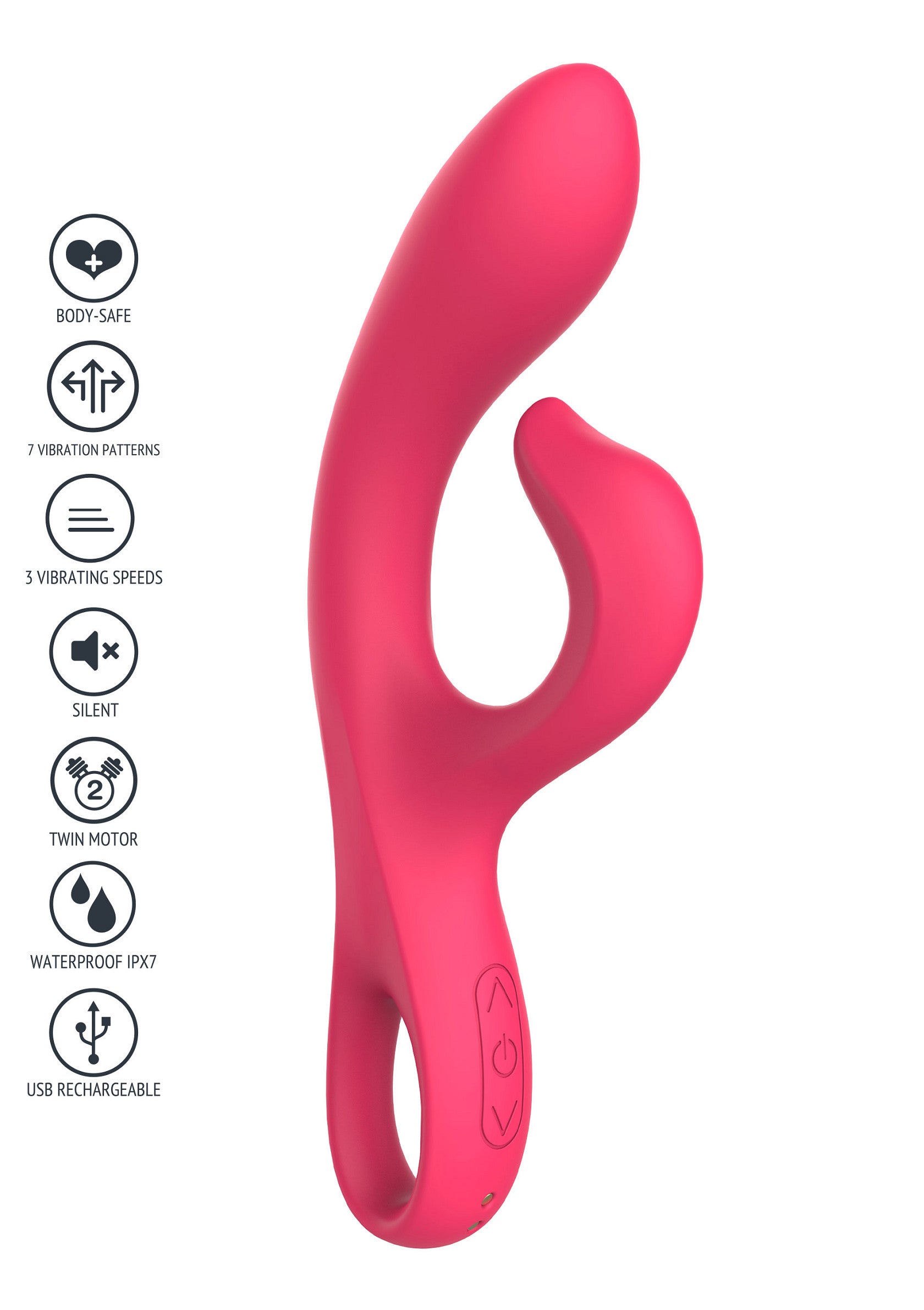 Vibromasseur rose rechargeable par USB, étanche, avec 7 modes de vibration et 3 vitesses. Discrétion assurée!; Roze vibrator, USB oplaadbaar, waterdicht, met 7 vibratiestanden en 3 snelheden. Discreet in gebruik!; Pink USB rechargeable vibrator, waterproof, with 7 vibration patterns and 3 speeds. Silent and discreet!