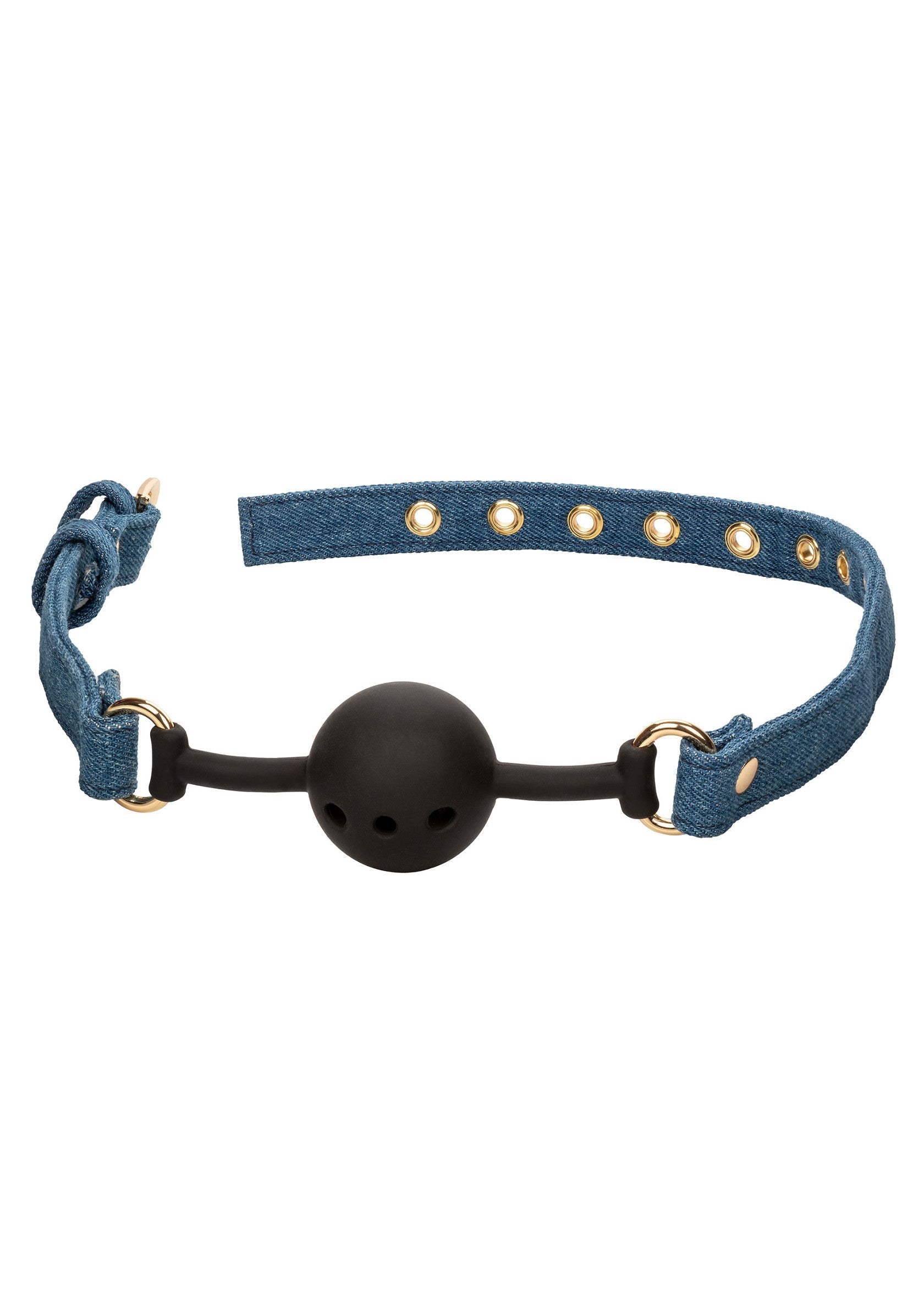Bâillon boule en denim avec des détails dorés. Accessoire coquin pour adultes.; Denim balgag met gouden details. Stoute accessoire voor volwassenen.; Denim ball gag with gold detailing. Naughty accessory for adults.