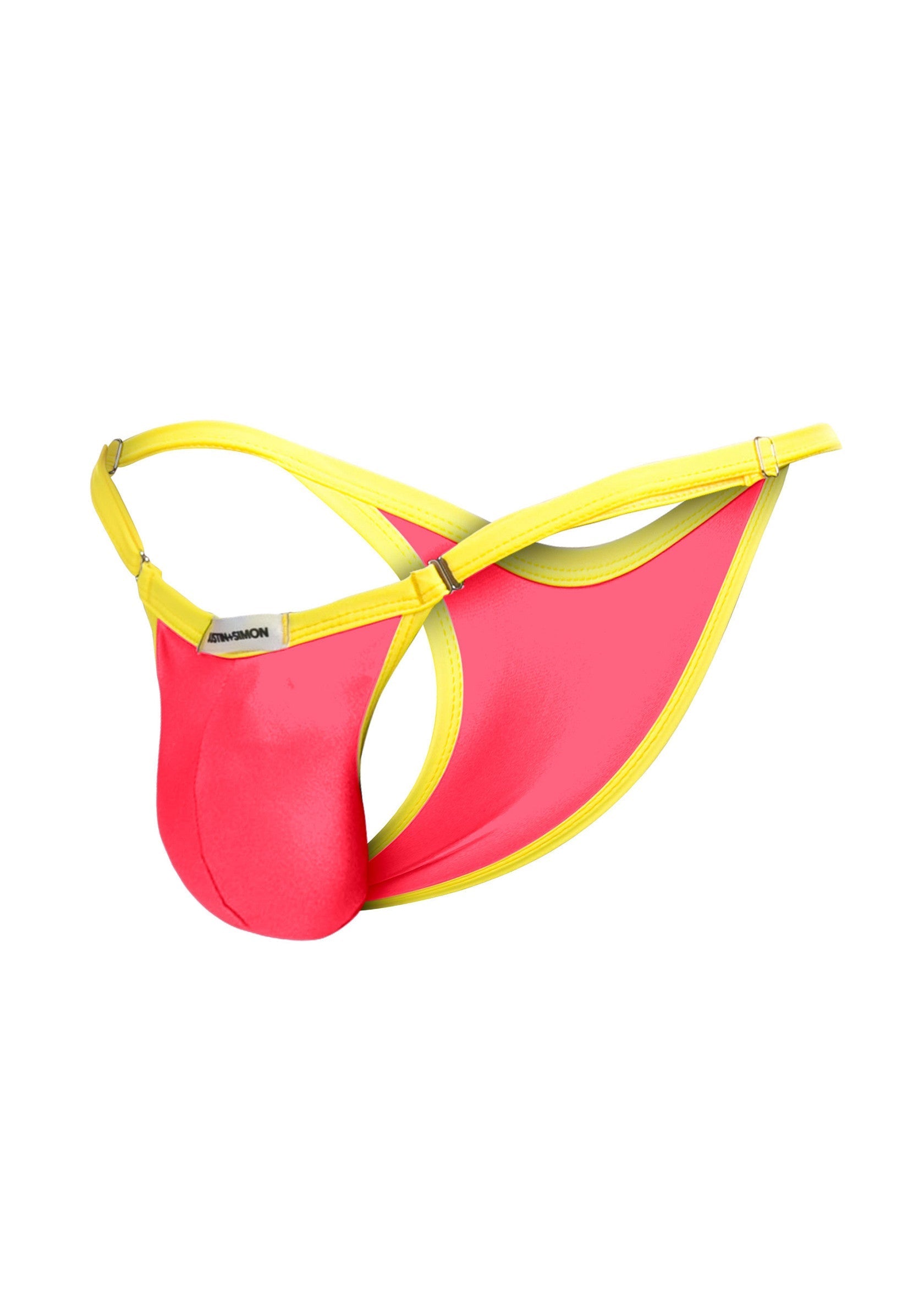 String de bain rose et jaune pour homme. Mode masculine audacieuse et confortable.; Roze en gele herenstring. Gewaagde en comfortabele herenmode.; Pink and yellow men's thong. Bold and comfortable men's fashion.