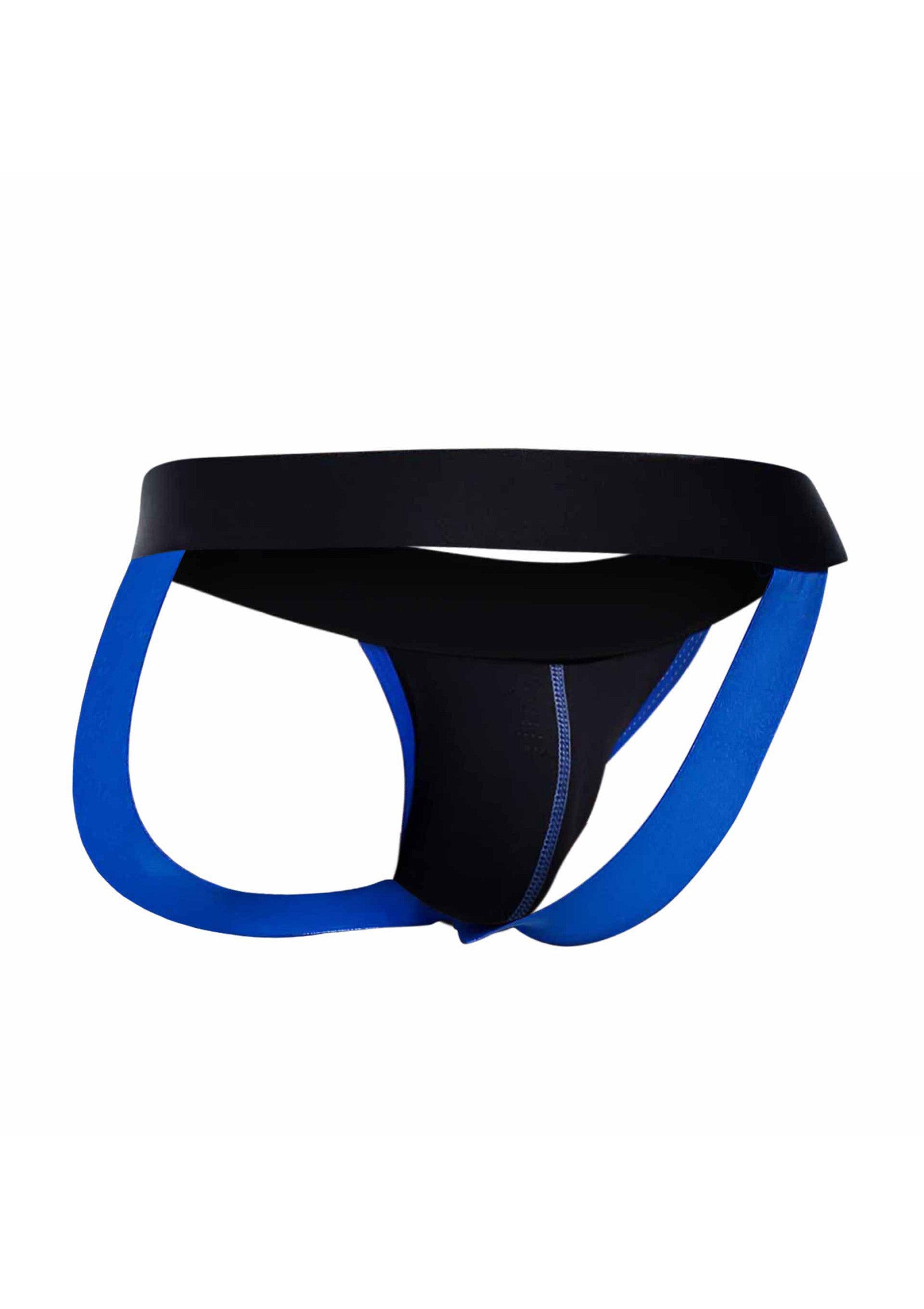Jockstrap de sport noir et bleu pour hommes. Sous-vêtement de soutien confortable et respirant.; Zwarte en blauwe sport jockstrap voor heren. Comfortabel en ademend ondergoed.; Men's black and blue sport jockstrap. Comfortable and breathable support underwear.
