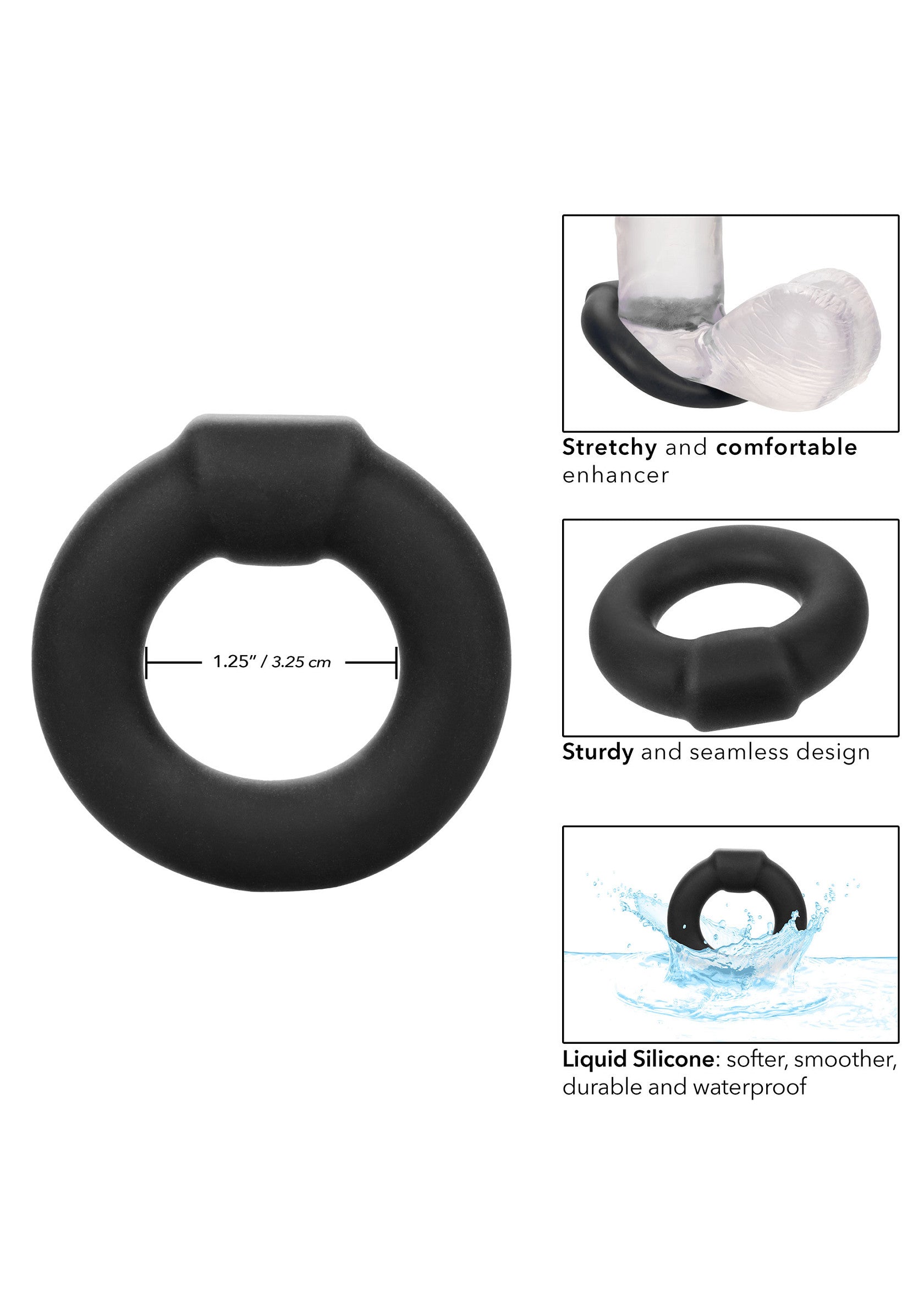 Anneau pénien noir en silicone liquide, extensible, confortable, robuste et étanche.; Zwarte penisring van vloeibare siliconen, rekbaar, comfortabel, stevig en waterdicht.; Black liquid silicone cock ring, stretchy, comfortable, sturdy, and waterproof.