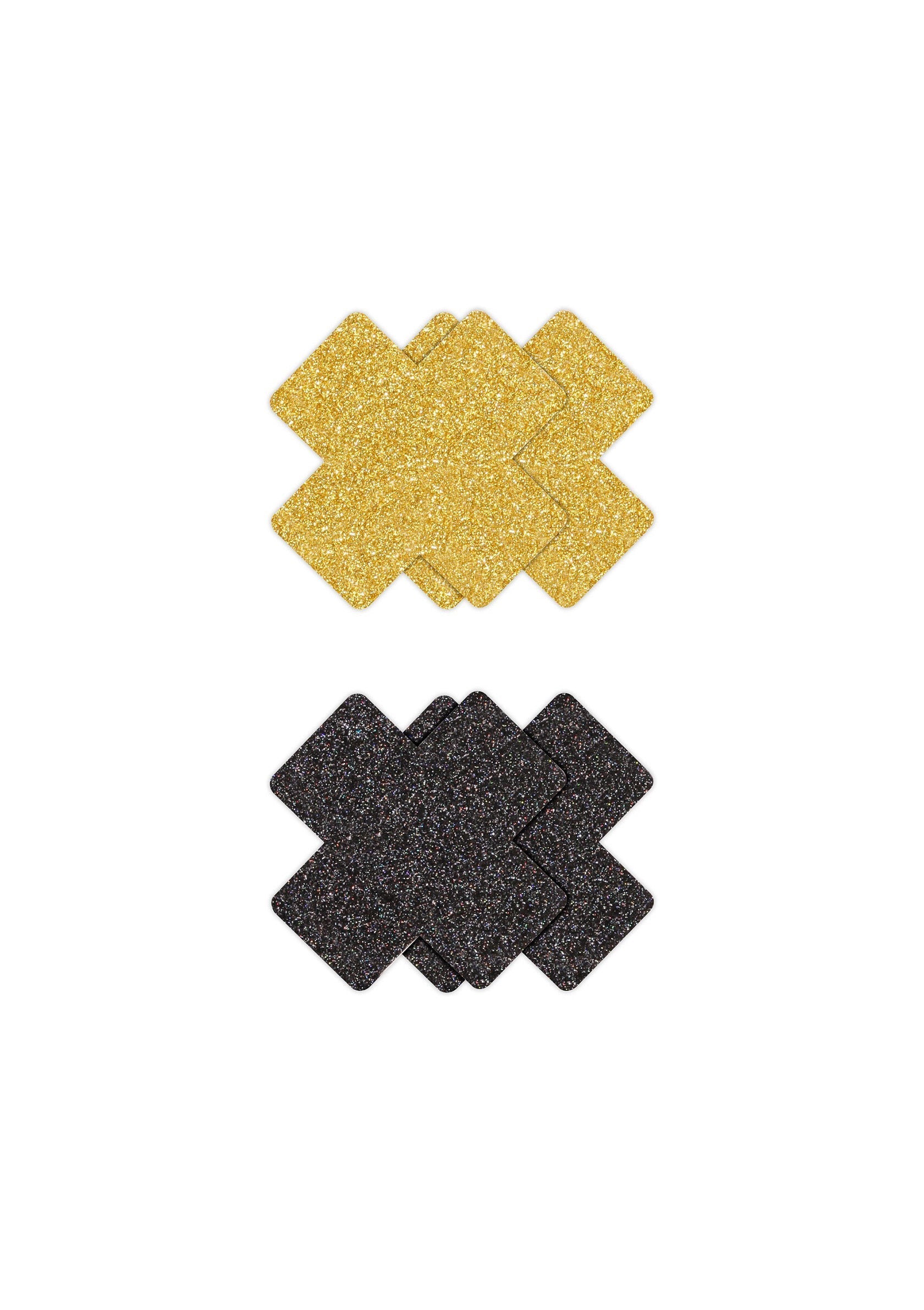 Cache-tétons pailletés croisés. Accessoires de mode festifs et glamour en or et noir.; Glitter tepelplakkers in kruisvorm. Feestelijke en glamoureuze mode accessoires in goud en zwart.; Glitter nipple pasties in cross shape. Festive and glamorous fashion accessories in gold and black.