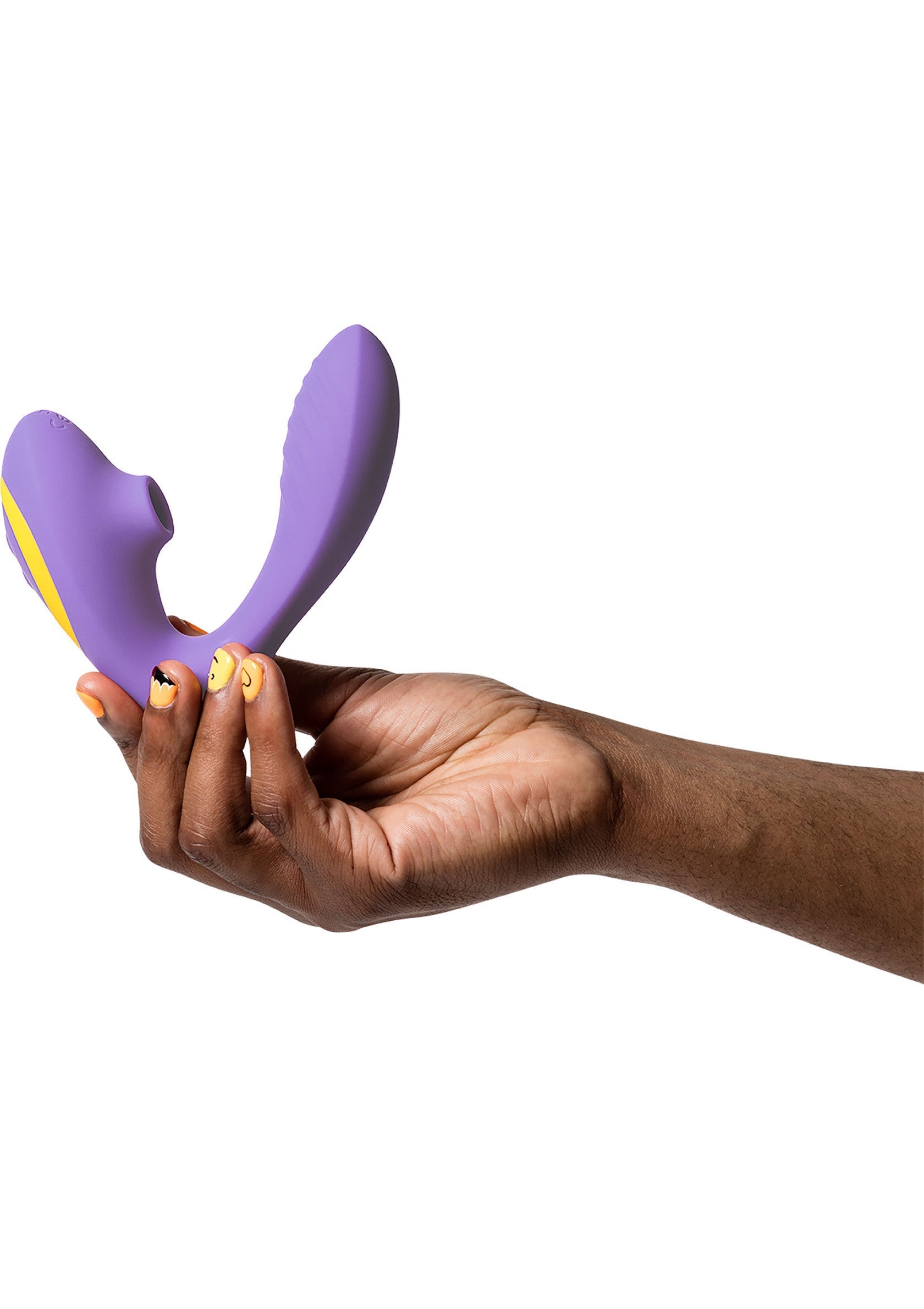 Masseur de clitoris vibrant violet et jaune pour le plaisir féminin.; Paarse en gele vibrerende clitorismassager voor vrouwelijk genot.; Purple and yellow vibrating clitoral massager for female pleasure.