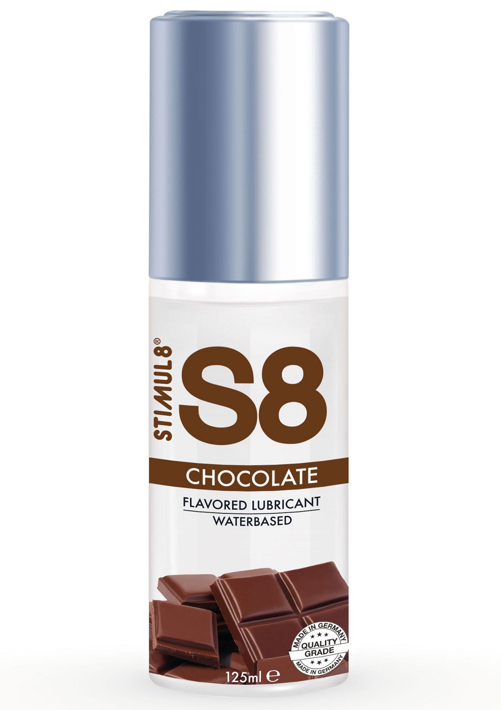 Lubrifiant à base d'eau aromatisé au chocolat S8 de 125 ml pour des moments sensuels gourmands.; S8 chocolade gearomatiseerde glijmiddel op waterbasis van 125 ml voor heerlijke sensuele momenten.; S8 chocolate flavored water-based lubricant 125 ml for delicious sensual moments.
