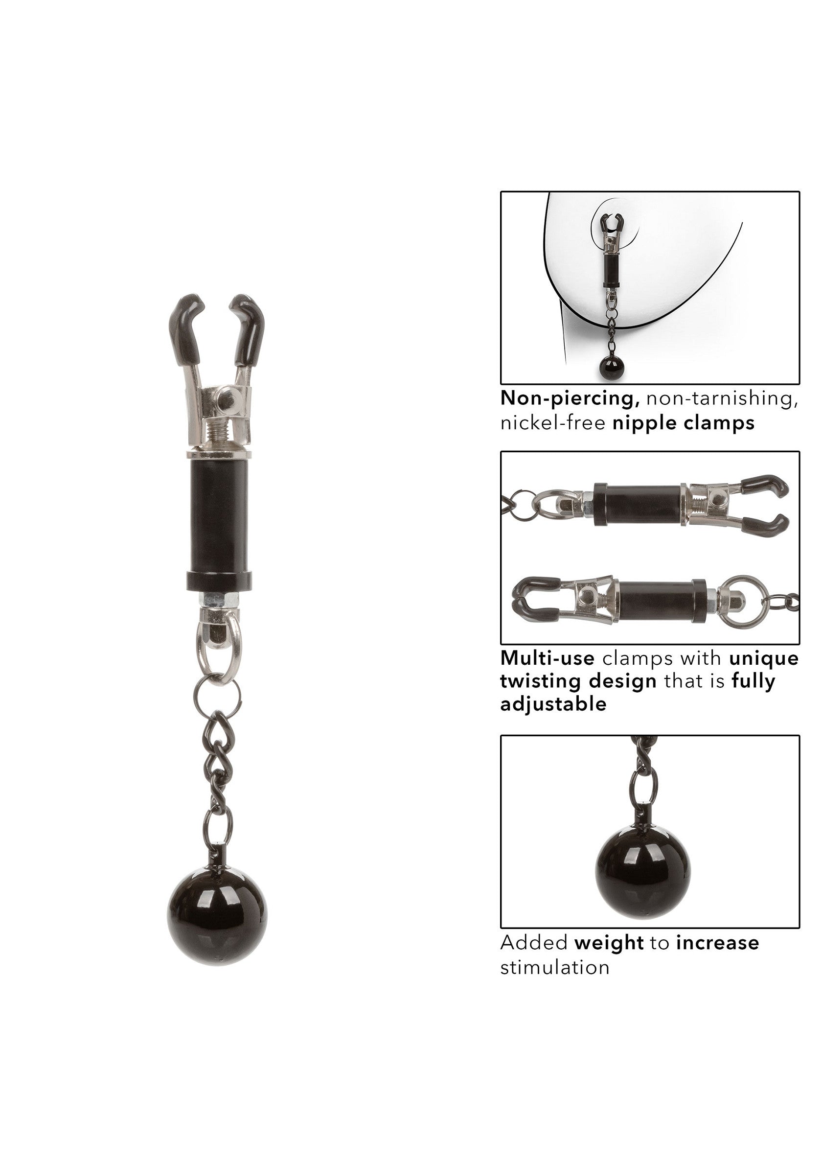 Pinces à tétons non perçantes avec poids pour une stimulation accrue.; Nippelklemmen zonder piercing met gewicht voor extra stimulatie.; Non-piercing nipple clamps with weight for increased stimulation.