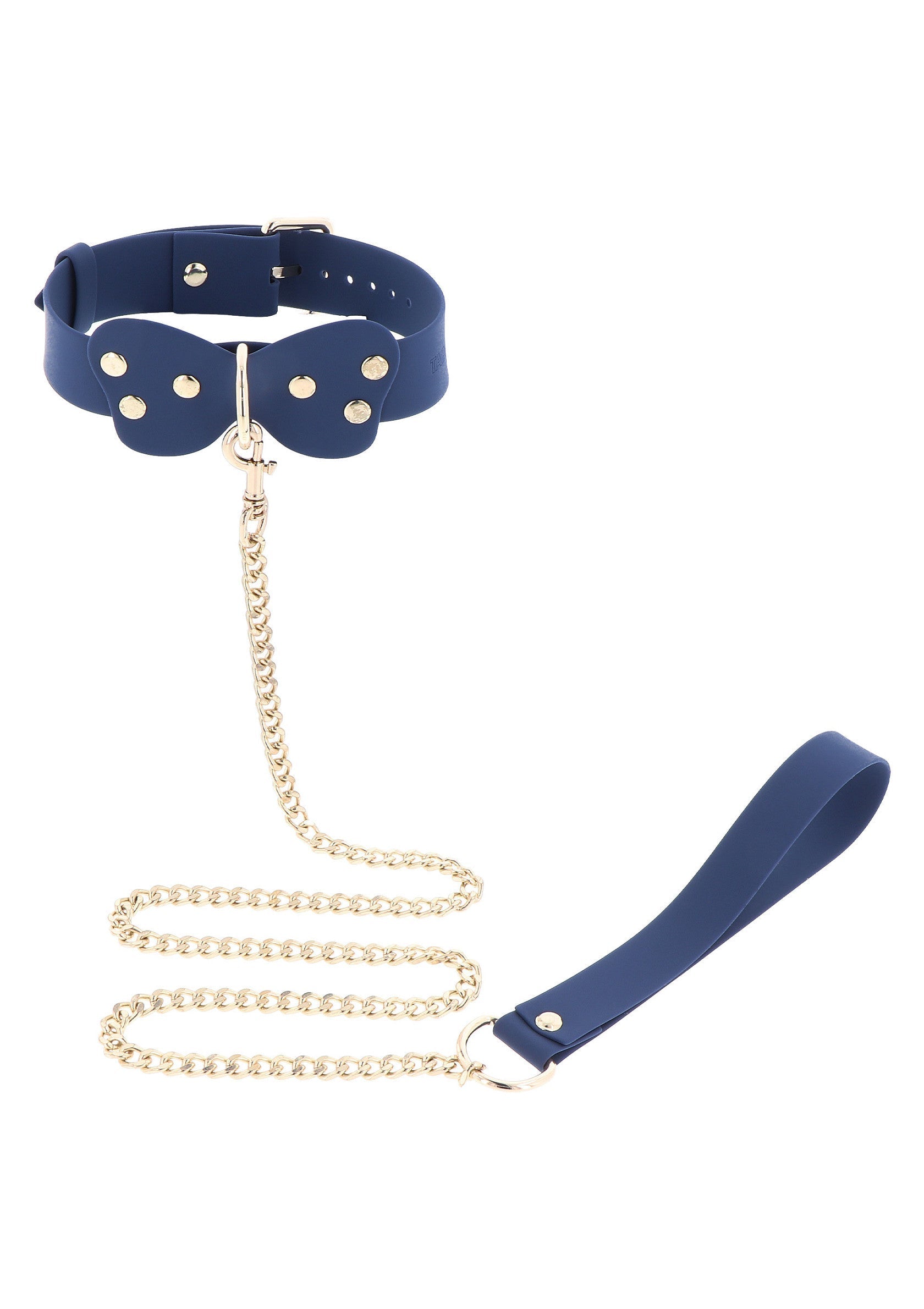 Collier et laisse bleu marine avec chaîne dorée et noeud papillon. Accessoire élégant et original.; Marineblauwe halsband en riem met gouden ketting en vlinderdas. Stijlvol en origineel accessoire.; Navy blue collar and leash with gold chain and bow tie. Stylish and unique accessory.