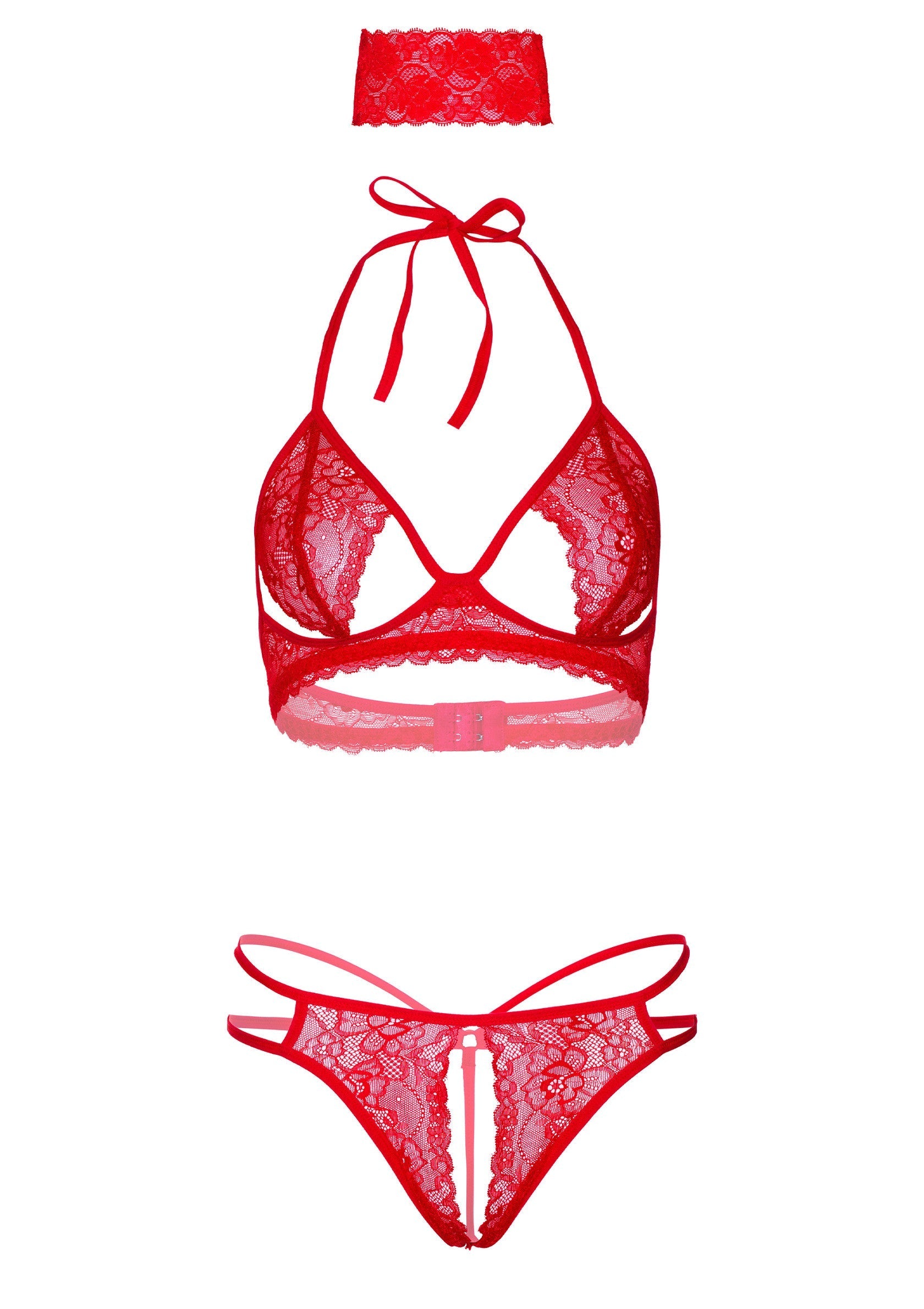 Ensemble de lingerie rouge en dentelle comprenant un soutien-gorge, un string et un collier.; Rode kanten lingerie set met beha, string en choker.; Red lace lingerie set featuring a bra, g-string and choker.