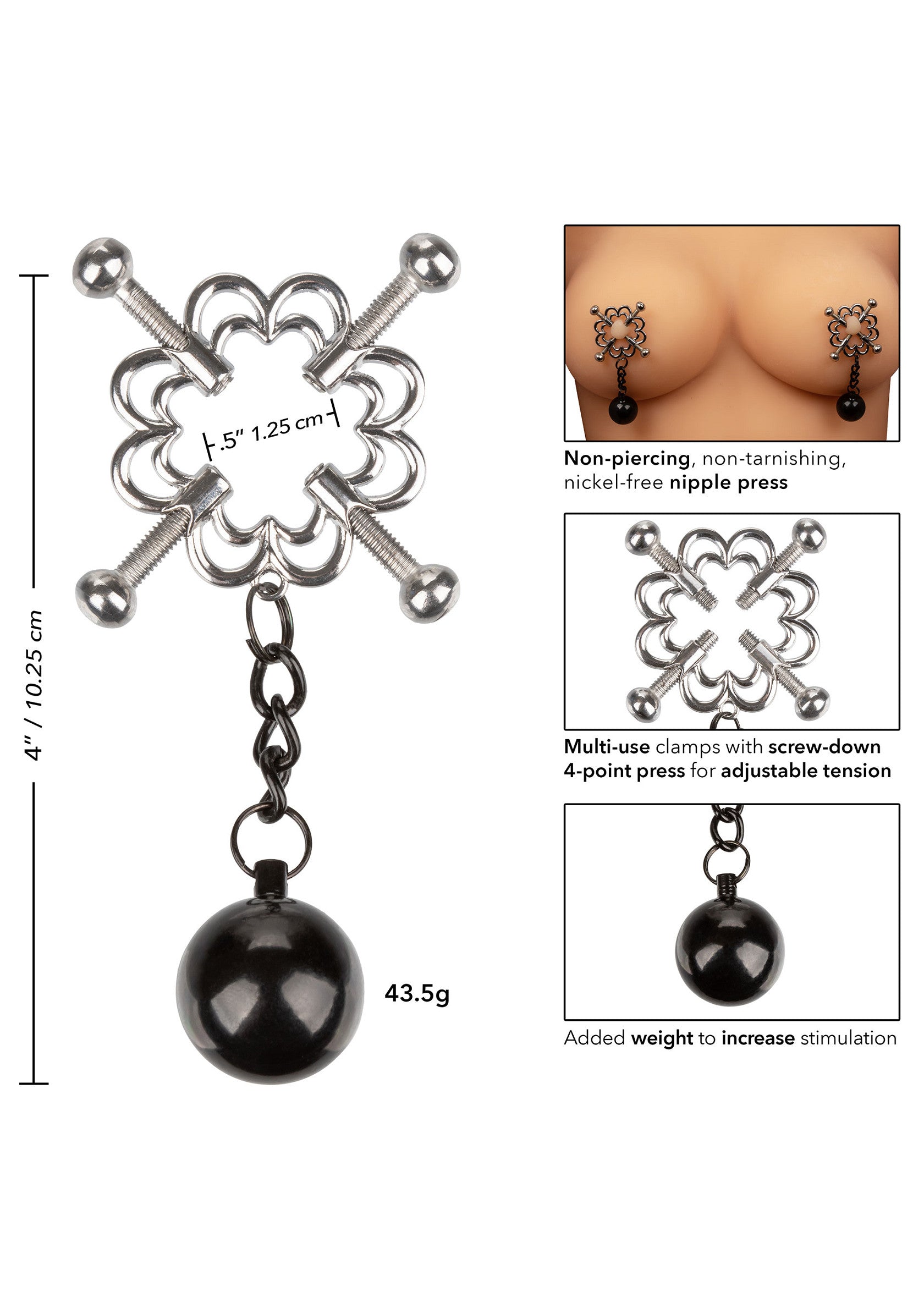 Serre-tétons non perçant avec poids, stimulation intense garantie. Pince réglable sans nickel.; Niet-piercende tepelklemmen met gewicht voor intense stimulatie. Verstelbare, nikkelvrije klemmen.; Non-piercing nipple clamps with weight for intense stimulation. Adjustable, nickel-free clamps.