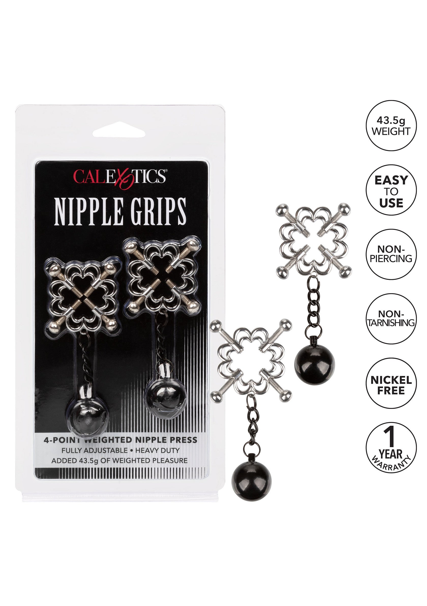 Serre-tétons CalExotics Nipple Grips, poids 43.5g, réglable et non-piercing pour une stimulation intense.; CalExotics Nipple Grips tepelklemmen, gewicht 43,5g, verstelbaar en niet-piercing voor intense stimulatie.; CalExotics Nipple Grips, 43.5g weight, adjustable, non-piercing nipple clamps for intense stimulation.