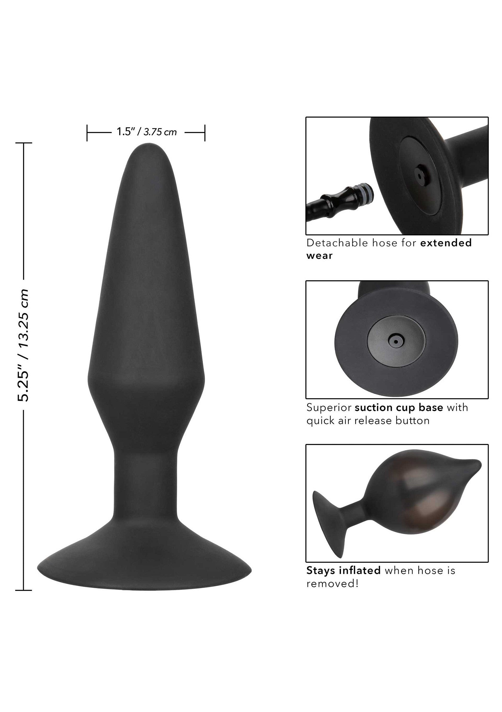 Plug anal gonflable noir avec ventouse pour un confort accru. Tuyau détachable. Dimensions : 13,25 cm x 3,75 cm.; Opblaasbare anale plug met zuignap voor extra comfort. Afneembare slang. Afmetingen: 13,25 cm x 3,75 cm. Zwart.; Inflatable anal plug with suction cup for added comfort. Detachable hose. Dimensions: 5.25" x 1.5". Black.