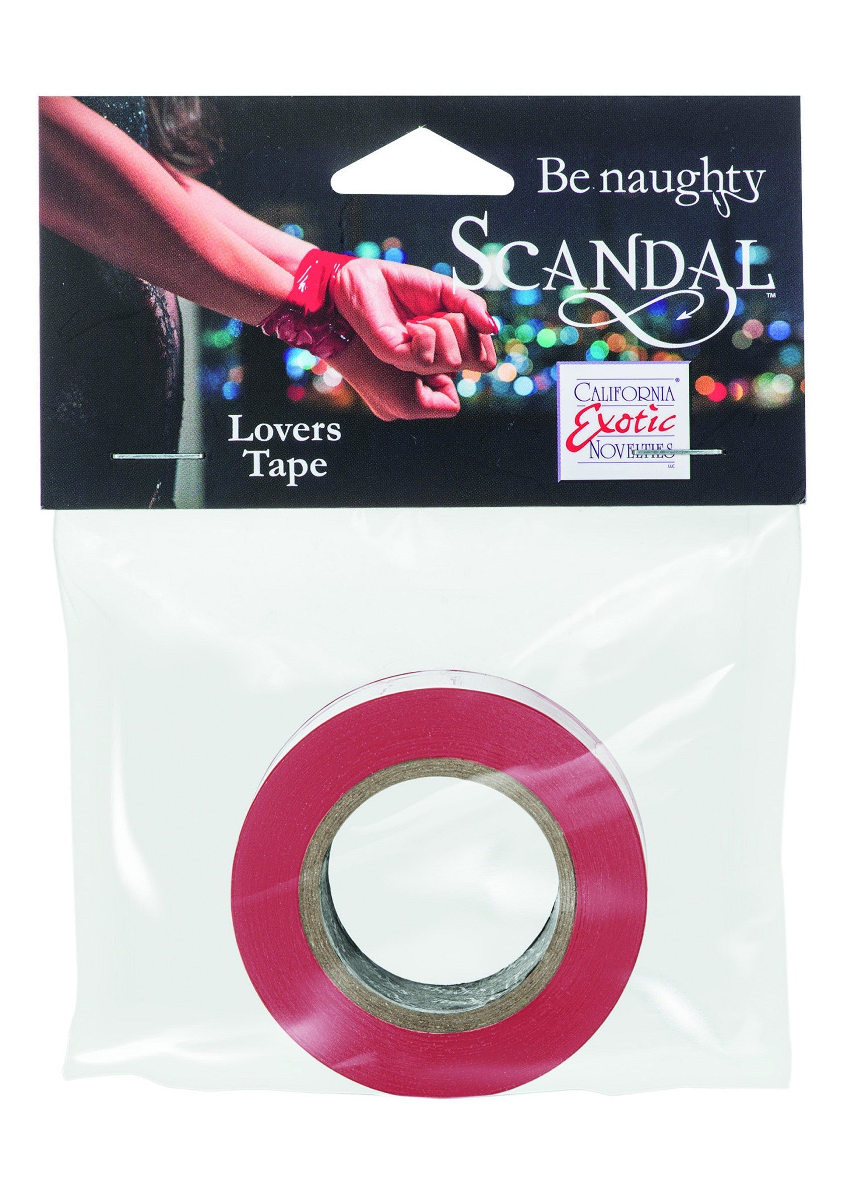 Scandal 'Lovers Tape' California Exotic Novelties. Ruban rouge pour jeux coquins.; Scandal 'Lovers Tape' California Exotic Novelties. Rode tape voor ondeugende spelletjes.; Scandal 'Lovers Tape' by California Exotic Novelties. Red tape for kinky fun.