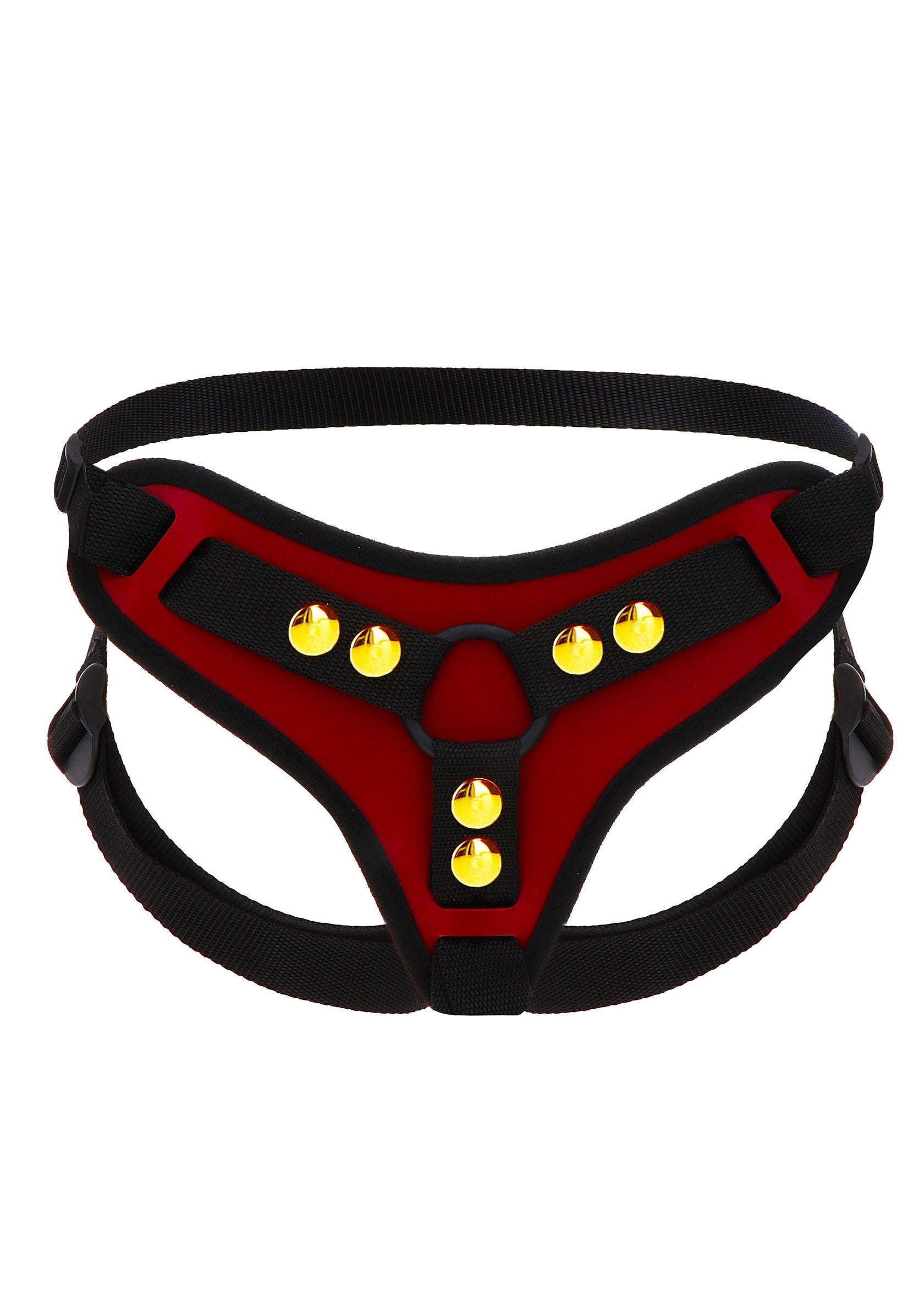 Harnais rouge et noir avec des clous dorés pour un look audacieux et sophistiqué.; Rood en zwart harnas met gouden studs voor een gedurfde en verfijnde look.; Red and black harness with golden studs for a bold and sophisticated look.