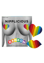 Cache-tétons autocollants arc-en-ciel NIPPLICIOUS. Motifs cœur et lèvres. Accessoire mode et festif, idéal pour un look audacieux.; NIPPLICIOUS regenboog tepelstickers. Hart- en lipmotieven. Modieus en feestelijk accessoire, ideaal voor een gedurfde look.; NIPPLICIOUS rainbow nipple pasties. Heart and lips patterns. Fashionable and festive accessory, ideal for a bold look.