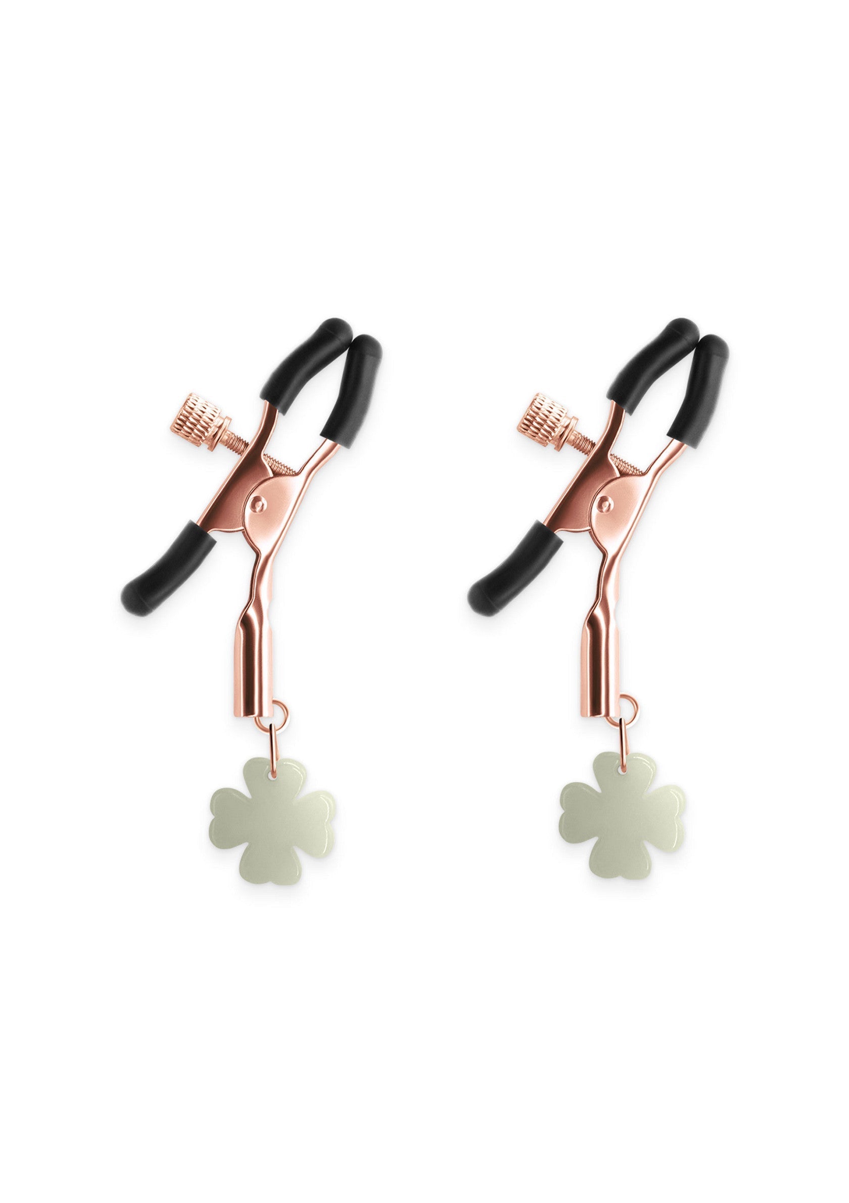 Pinces à tétons trèfle pour un plaisir intense. Ajustables, élégantes et originales.; Klemmen met klaver decoratie voor intense ervaring. Verstelbaar en origineel!; Clover nipple clamps for intense pleasure. Adjustable, elegant and original!