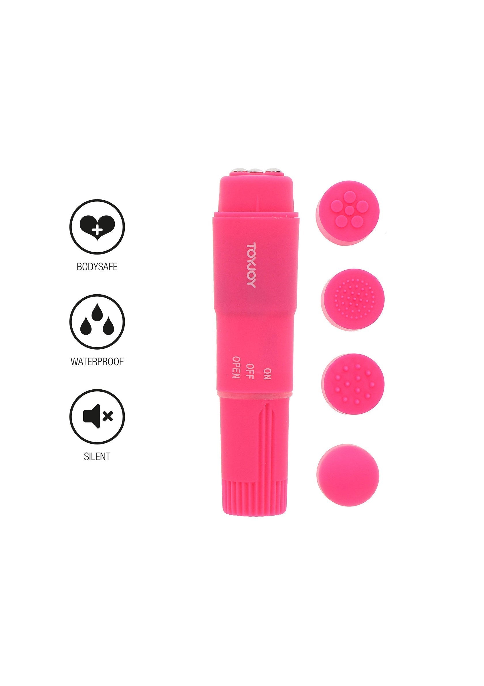 Masseur rose Toyjoy avec embouts interchangeables. Corps sûr, étanche et silencieux.; Roze Toyjoy massager met verwisselbare opzetstukken. Lichaamsveilig, waterdicht en stil.; Pink Toyjoy massager with interchangeable heads. Body-safe, waterproof and silent.