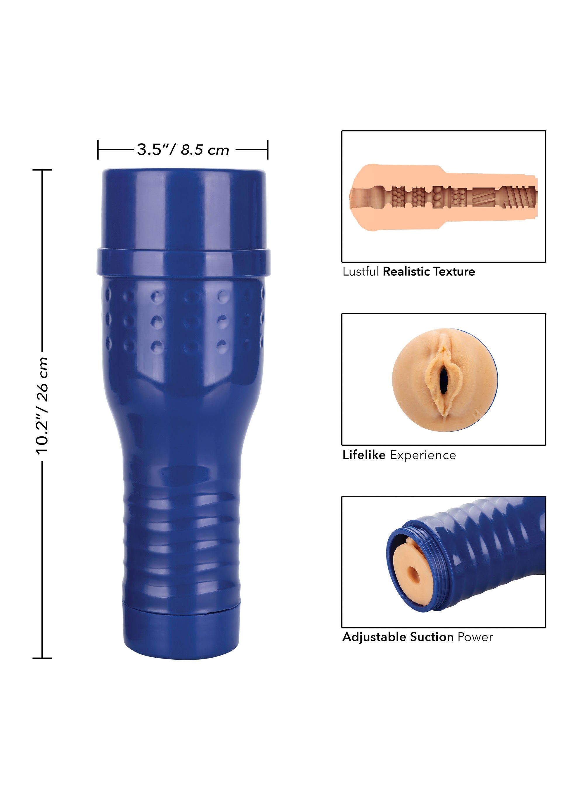 Manchon de plaisir réaliste bleu avec texture réaliste et succion réglable. Dimensions: 26 cm x 8,5 cm.; Blauwe realistische genotsmasturbator met realistische textuur en aanpasbare zuigkracht. Afmetingen: 26 cm x 8,5 cm.; Blue realistic pleasure sleeve with realistic texture & adjustable suction. Dimensions: 26 cm x 8.5 cm.