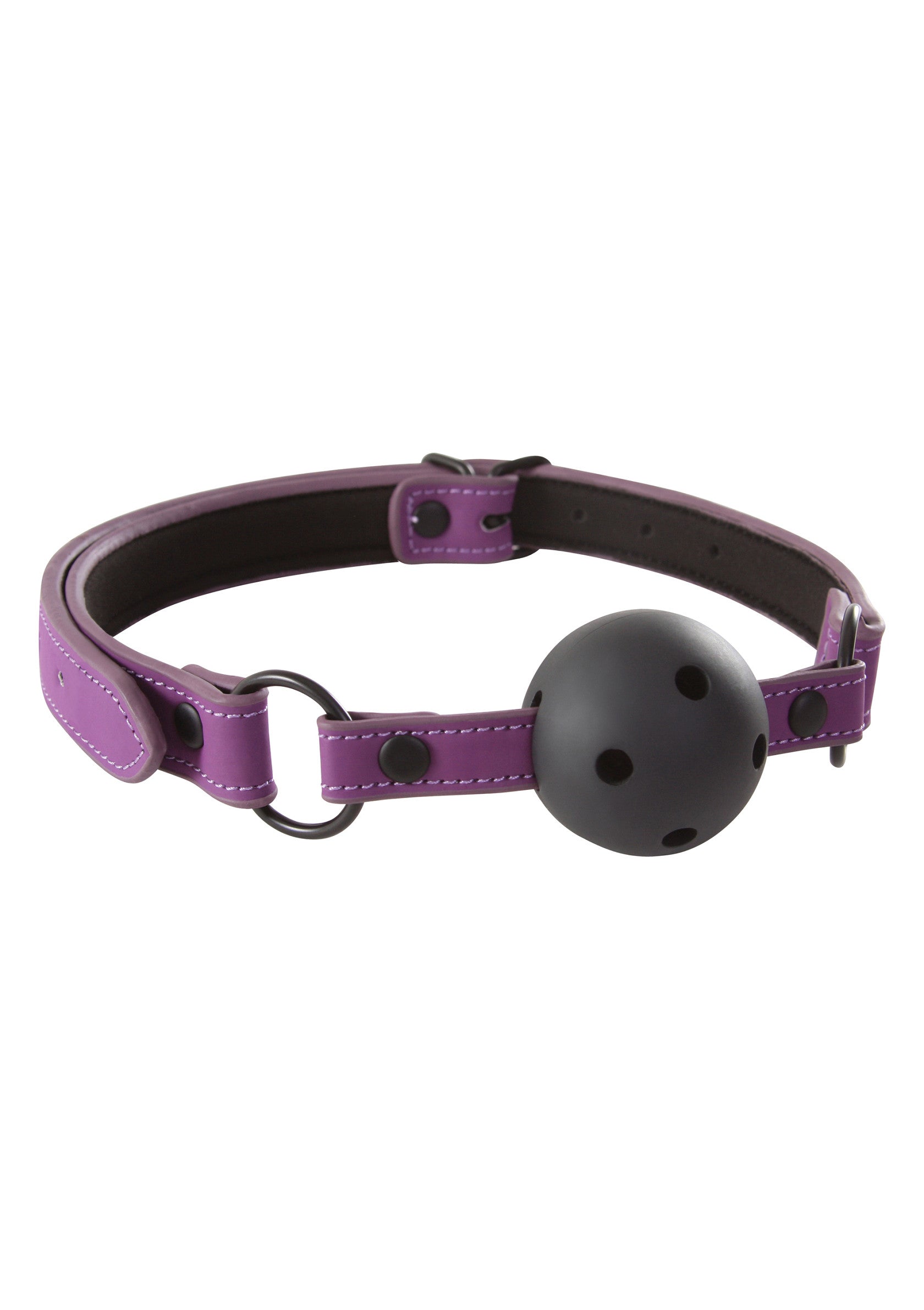 Bâillon en cuir violet avec une boule noire pour le plaisir adulte.; Paarse lederen knevel met een zwarte bal voor volwassen plezier.; Purple leather gag with a black ball for adult fun.