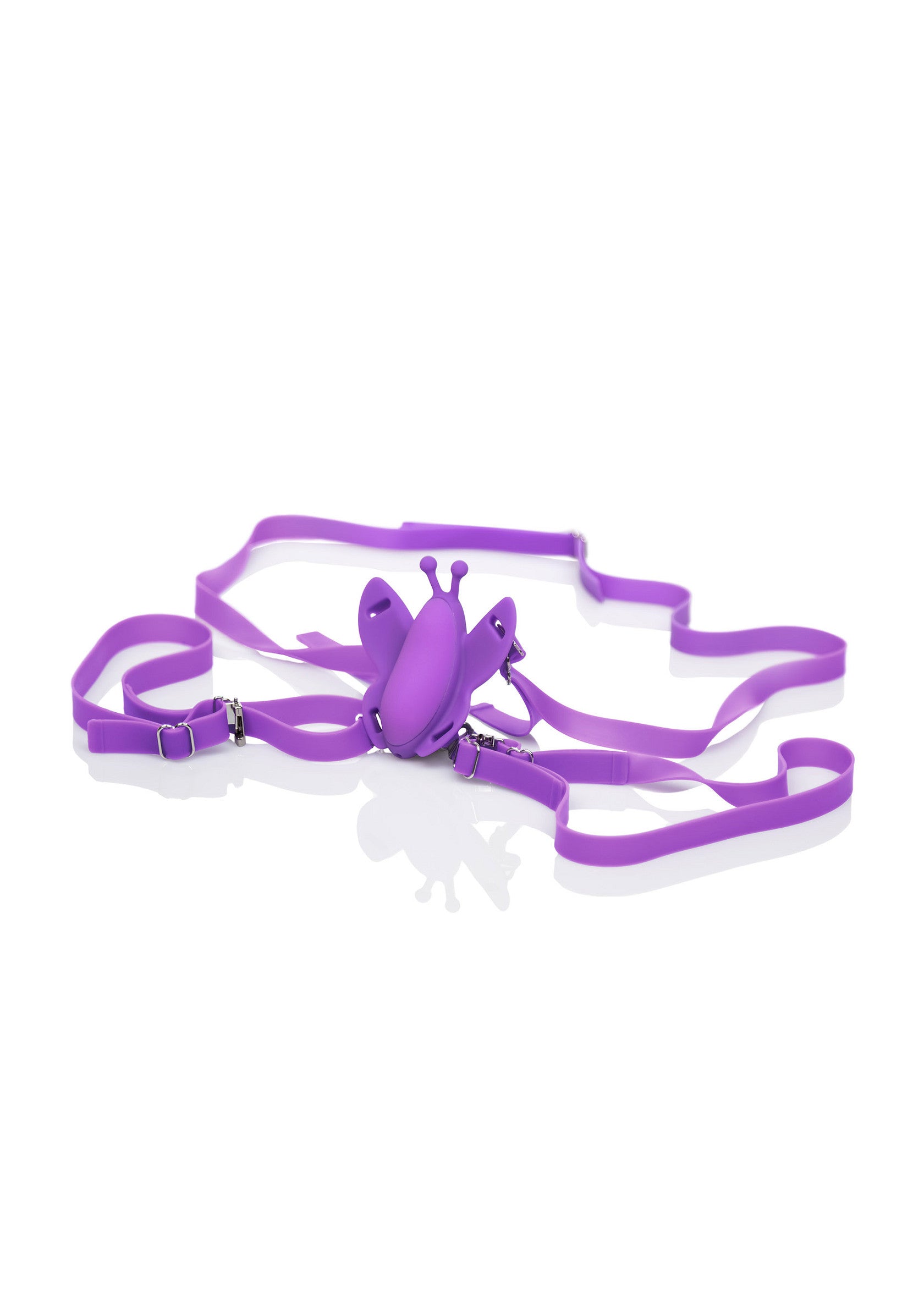 Harnais papillon violet ajustable pour une expérience unique.; Verstelbaar paars vlinderharnas voor een unieke ervaring.; Adjustable purple butterfly harness for a unique experience.