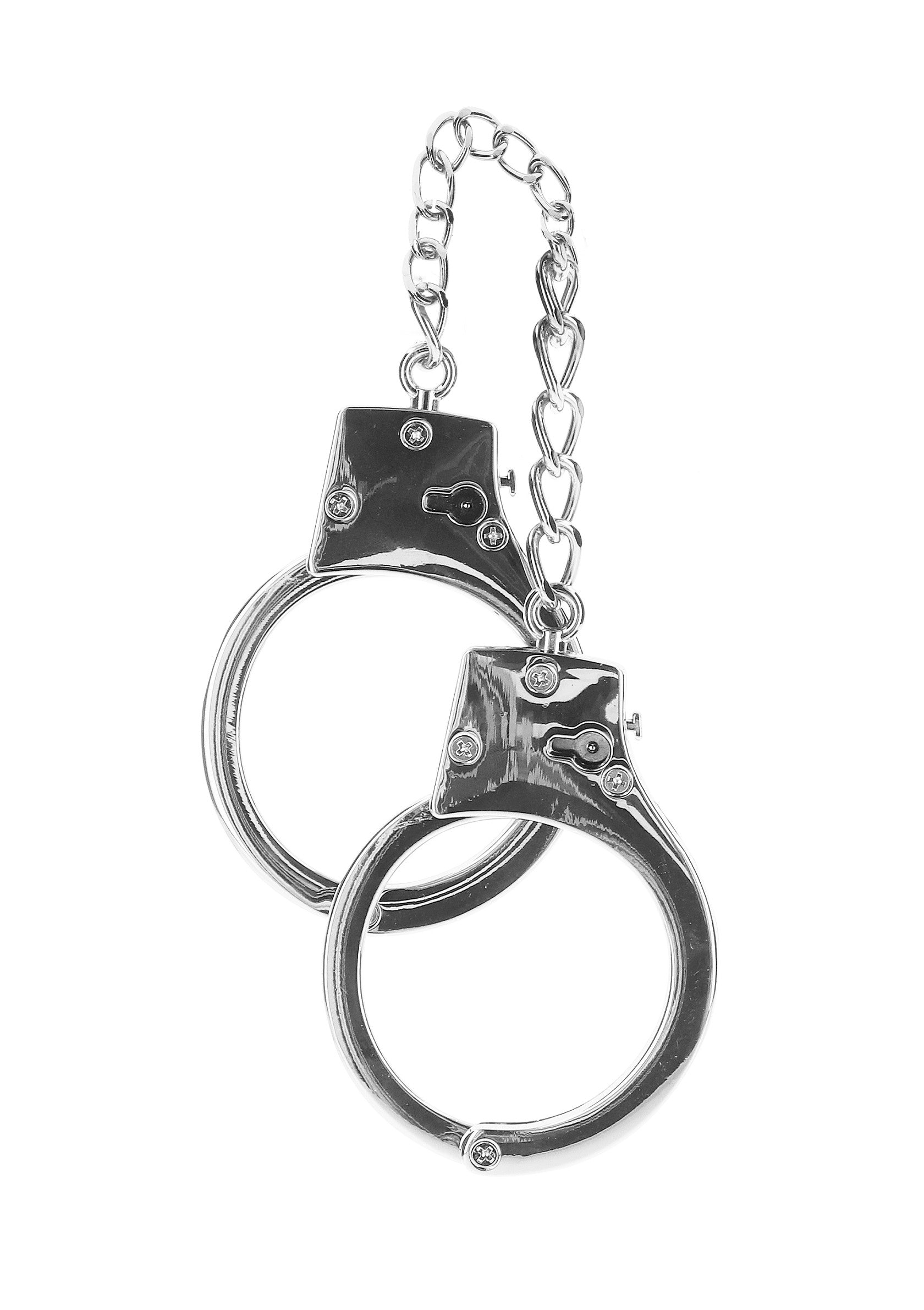 Menottes en métal argenté avec chaîne. Accessoire de jeu de rôle.; Zilverkleurige metalen handboeien met ketting. Rollenspel accessoire.; Silver metal handcuffs with chain. Roleplay accessory.