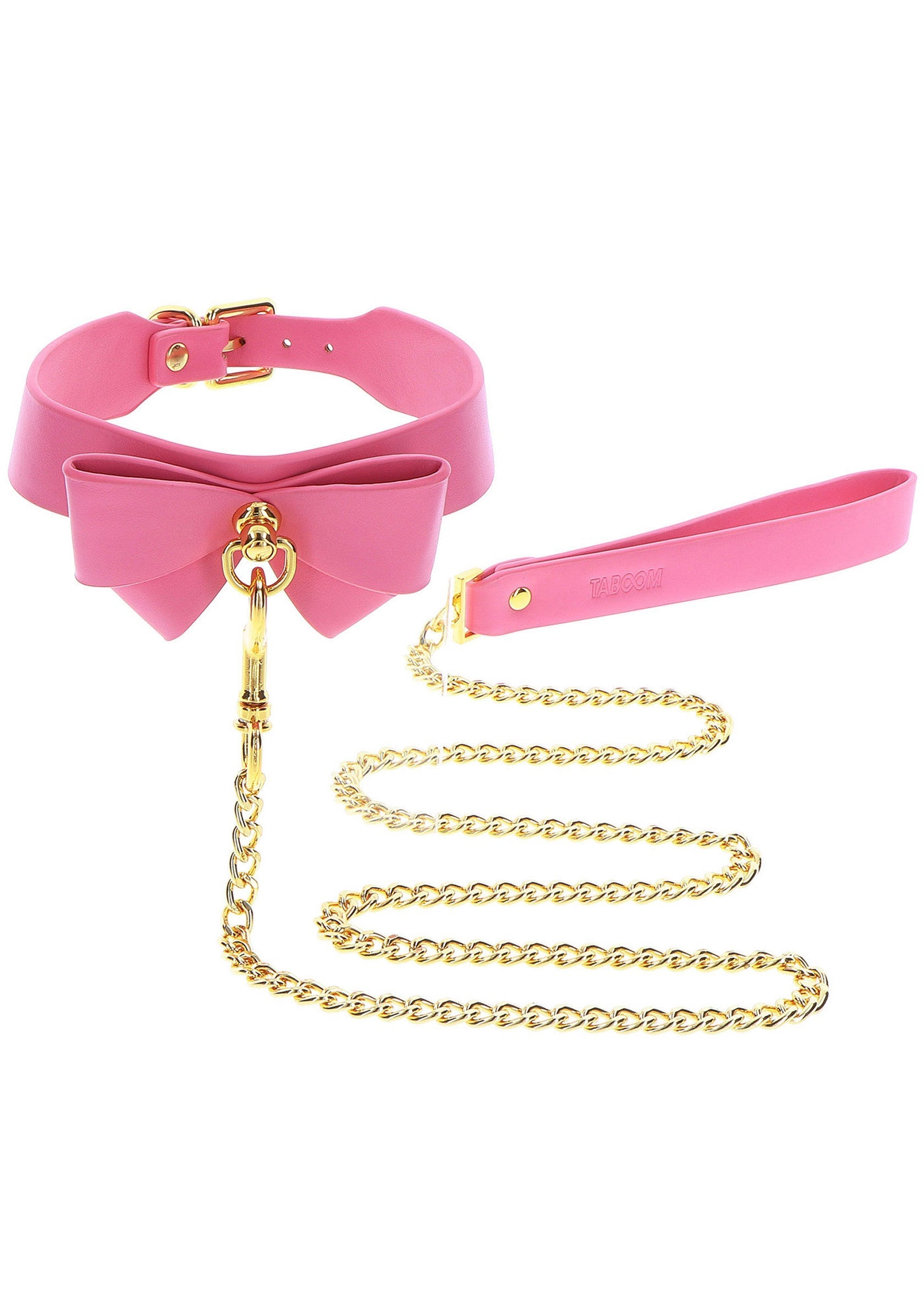 Ensemble collier et laisse rose avec chaîne dorée. Accessoires originaux pour une touche coquine et élégante.; Roze choker en riem set met gouden ketting. Stijlvolle accessoires voor een speelse en elegante touch.; Pink choker and leash set with gold chain. Stylish accessories for a playful and elegant touch.