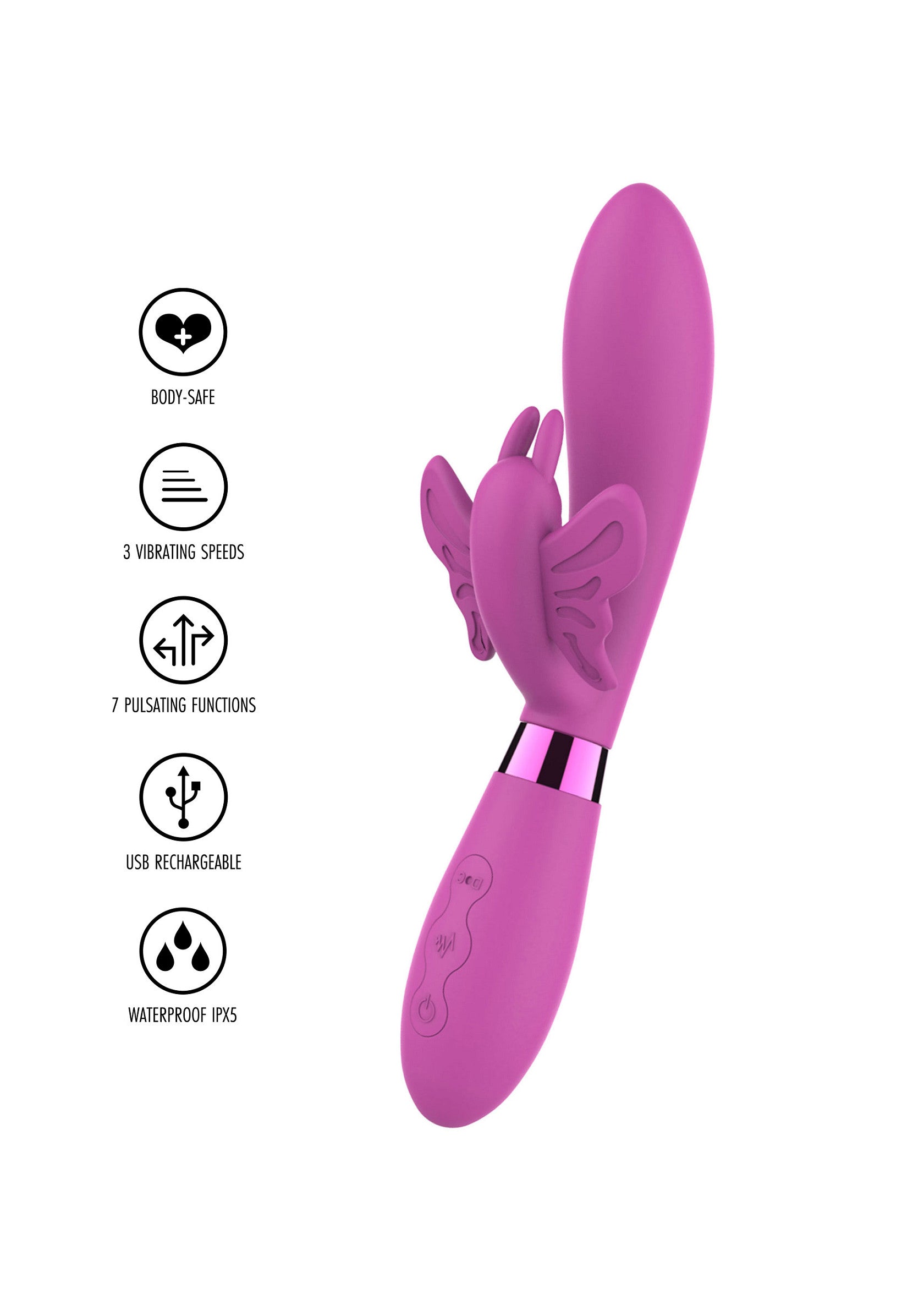 Vibromasseur rose avec papillon. 3 vitesses et 7 modes de vibration, rechargeable USB, étanche.; Roze vibrator met vlinder. 3 snelheden en 7 vibratiestanden, USB oplaadbaar, waterdicht.; Pink vibrator with butterfly. 3 speeds & 7 vibration modes, USB rechargeable, waterproof.