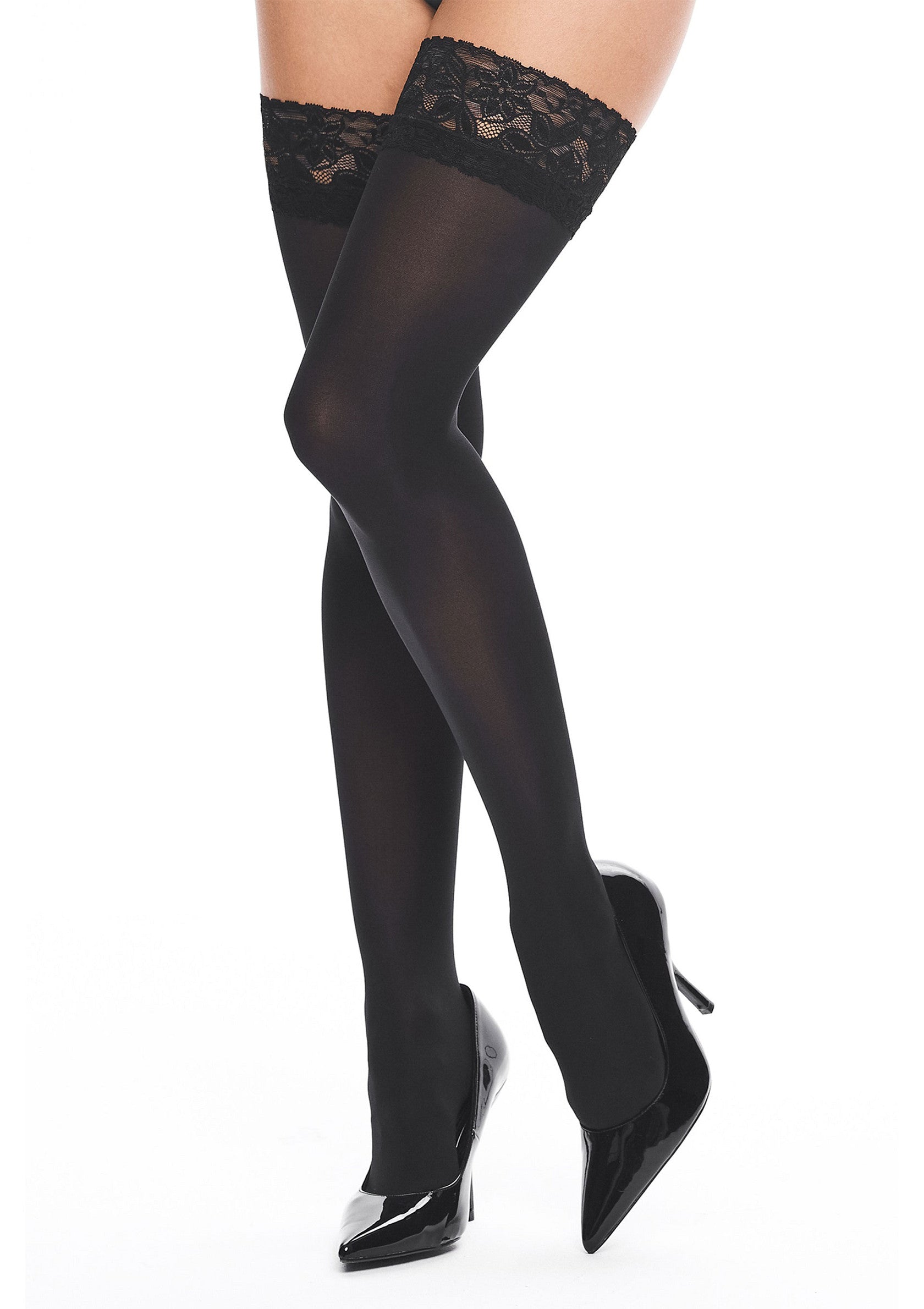 Bas autofixants noirs avec bordure en dentelle, parfaits pour une touche de séduction et d'élégance.; Zwarte kousenbanden met kanten rand, perfect voor een vleugje verleiding en elegantie.; Black hold-up stockings with lace trim, perfect for a touch of seduction and elegance.