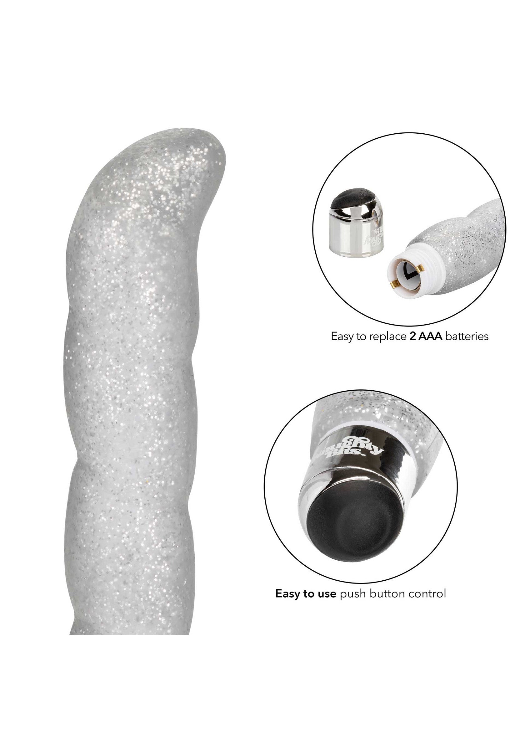Vibromasseur argenté scintillant avec contrôle facile par bouton-poussoir et remplacement facile des piles AAA.; Glitter zilveren vibrator met eenvoudige drukknopbediening en makkelijke vervanging van AAA-batterijen.; Glitter silver vibrator with easy push button control and easy to replace AAA batteries.