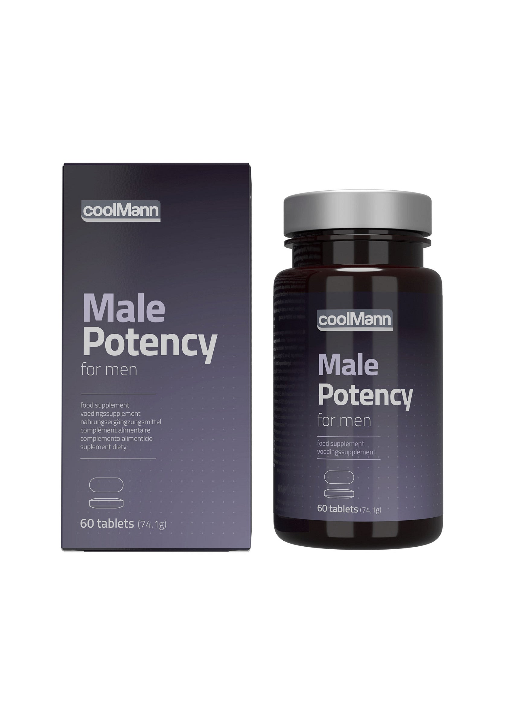 coolMann Male Potency for men: Boîte et flacon de 60 comprimés pour améliorer la virilité masculine.; coolMann Male Potency for men: Doos en fles met 60 tabletten voor het verbeteren van de mannelijke potentie.; coolMann Male Potency for men: Box and bottle of 60 tablets to enhance male virility.
