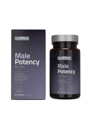 coolMann Male Potency for men: Boîte et flacon de 60 comprimés pour améliorer la virilité masculine.; coolMann Male Potency for men: Doos en fles met 60 tabletten voor het verbeteren van de mannelijke potentie.; coolMann Male Potency for men: Box and bottle of 60 tablets to enhance male virility.