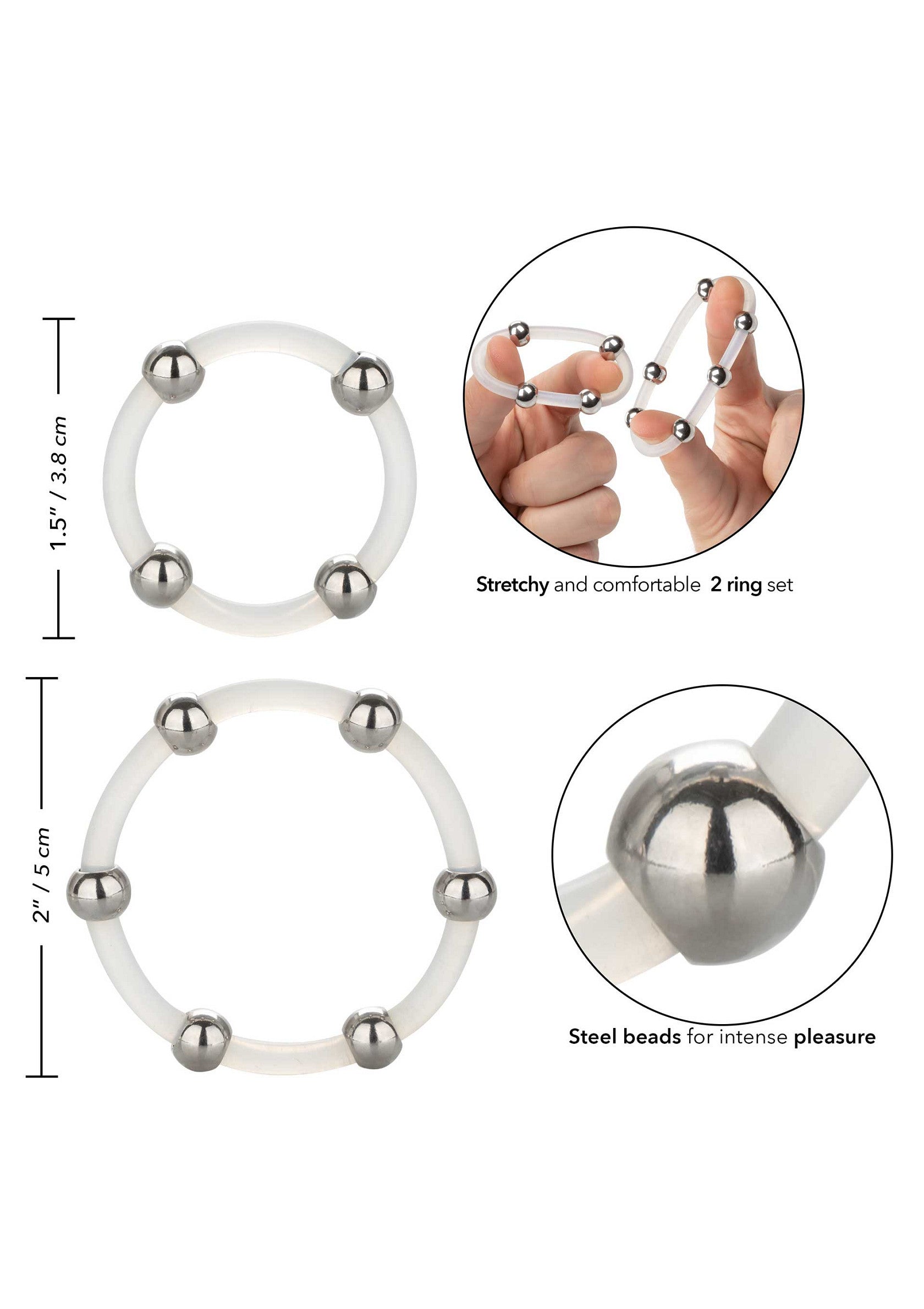 Ensemble de 2 anneaux extensibles avec billes en acier pour un plaisir intense et confortable.; Set van 2 rekbare ringen met stalen kogels voor intens plezier en comfort.; Stretchy 2-ring set with steel beads for intense and comfortable pleasure.