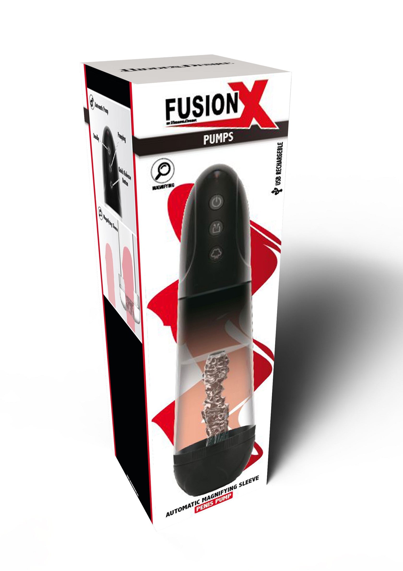 Fusion X Pumps, pompe pénienne rechargeable USB avec manchon grossissant automatique pour un plaisir amélioré.; Fusion X Pumps, USB-oplaadbare penispomp met automatische vergrotende huls voor meer plezier.; Fusion X Pumps, USB rechargeable penis pump with automatic magnifying sleeve for enhanced pleasure.