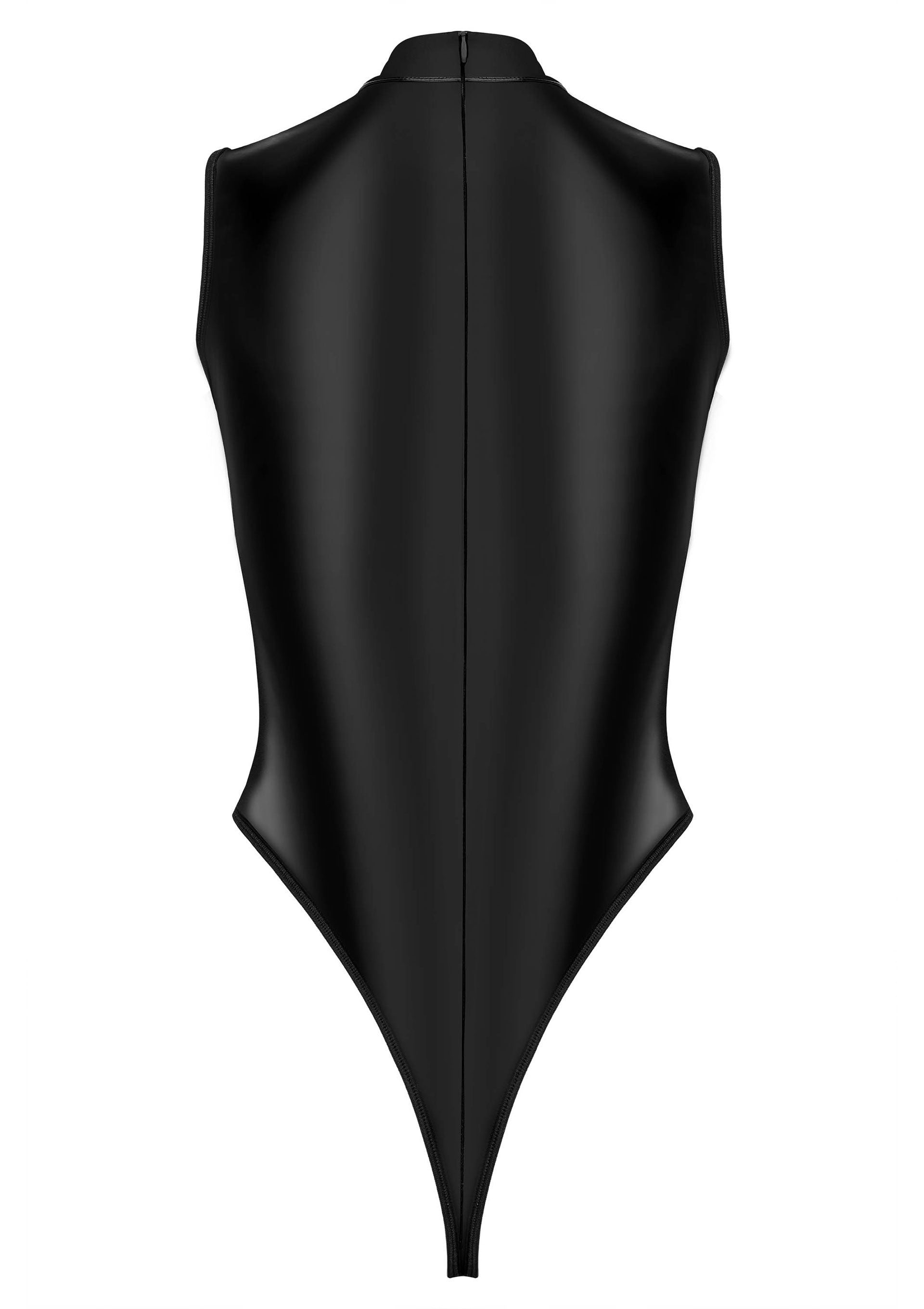 Body noir moulant en similicuir avec col montant. Élégant et sexy.; Zwarte, strakke bodysuit van imitatieleer met opstaande kraag. Elegant en sexy.; Black faux leather fitted bodysuit with stand-up collar. Sleek and sexy.