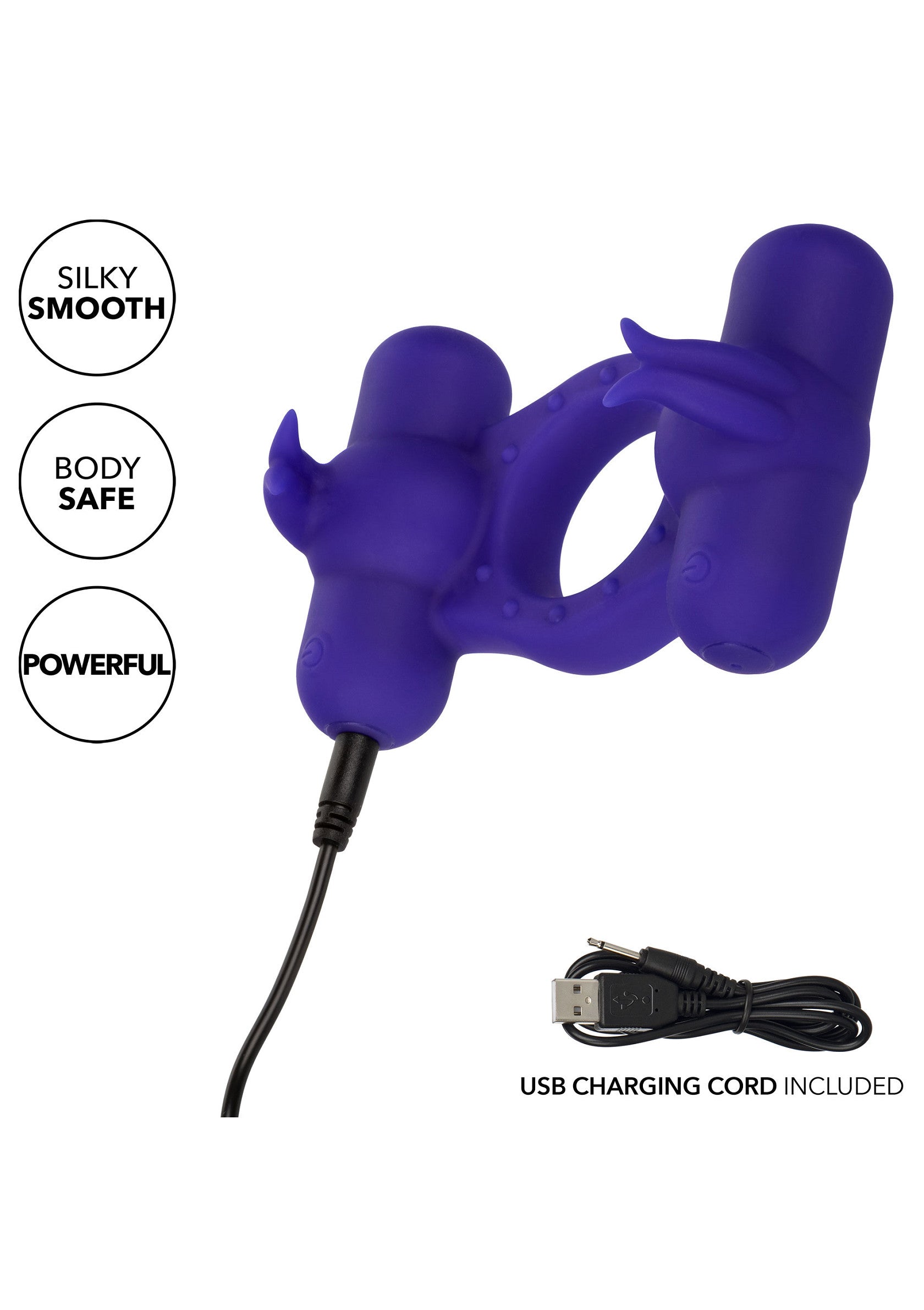 Vibromasseur vibrant rechargeable violet en silicone doux pour le plaisir des couples.; Paarse oplaadbare vibrerende vibrator van zachte siliconen voor plezier voor koppels.; Purple rechargeable vibrating vibrator made of soft silicone for couples' pleasure.