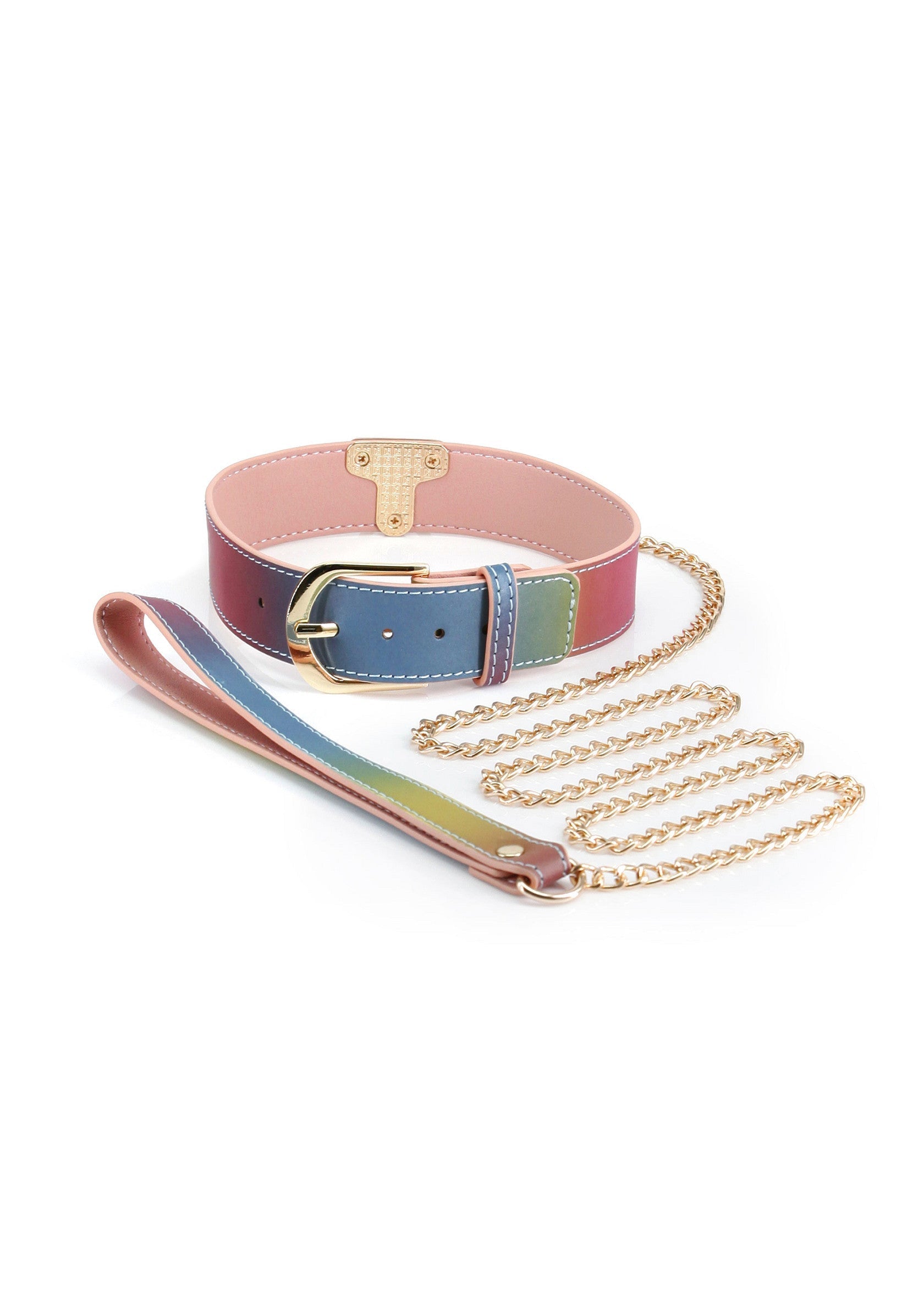 Collier et laisse multicolore avec chaîne dorée.; Veelkleurige halsband en riem met gouden ketting.; Multicolor collar and leash with gold chain.