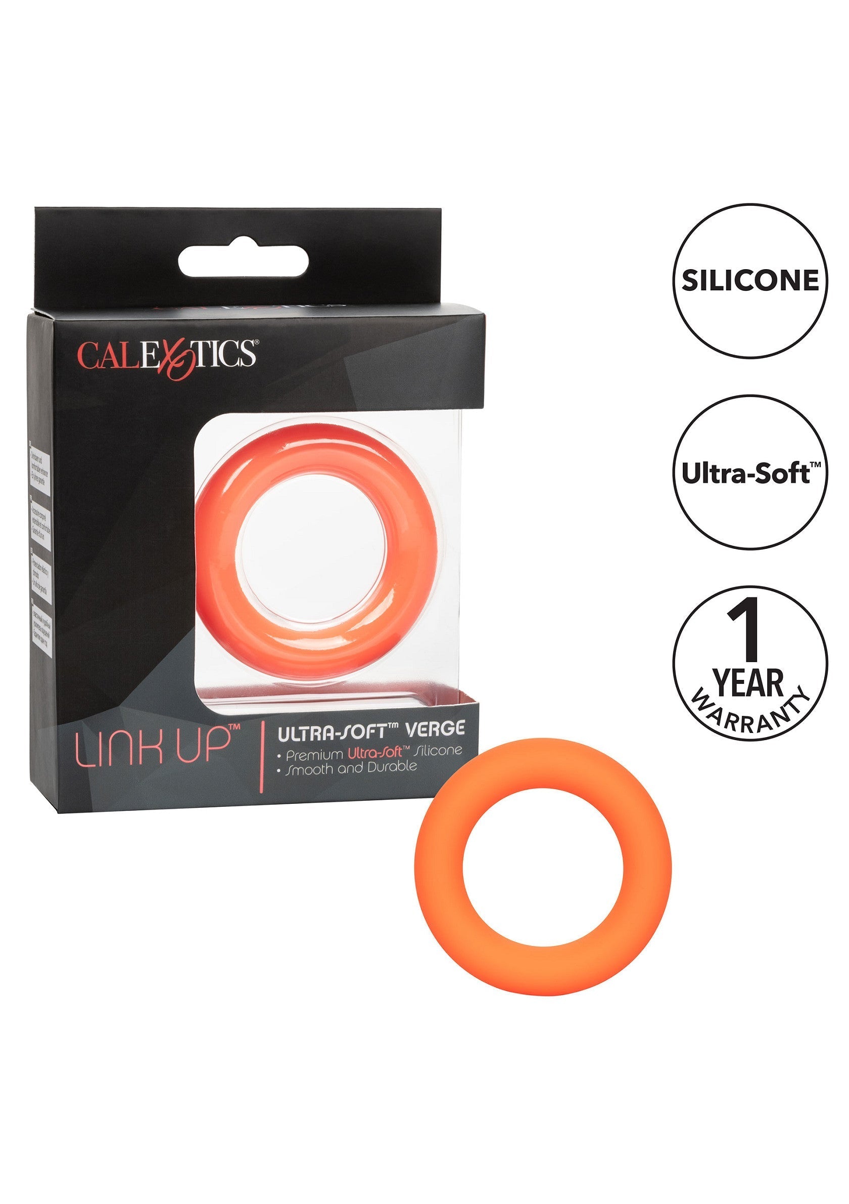 Anneau pénien Calexotics Link Up Verge ultra-doux en silicone orange pour une sensation agréable.; Calexotics Link Up Verge penisring, ultra-zacht, oranje siliconen voor een aangenaam gevoel.; Calexotics Link Up Verge ultra-soft orange silicone cock ring for a pleasurable sensation.