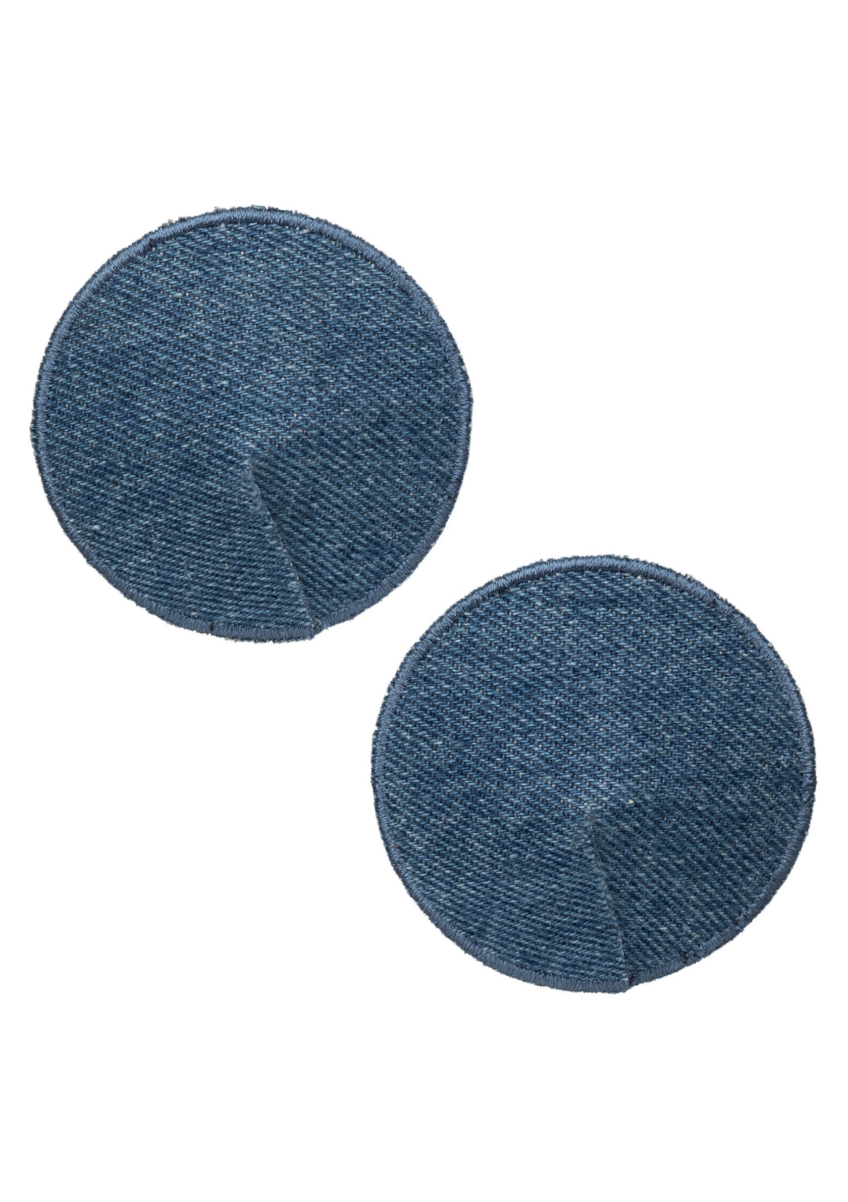 Patchs ronds en denim pour réparer ou customiser vos vêtements. Thermocollants, faciles à appliquer. Idéal pour jeans et vestes.; Ronde denim patches om kleding te repareren of te personaliseren. Makkelijk aan te brengen met strijkijzer. Ideaal voor jeans en jassen.; Round denim patches for mending or customizing clothing. Iron-on, easy to apply. Great for jeans, jackets and more DIY fashion.