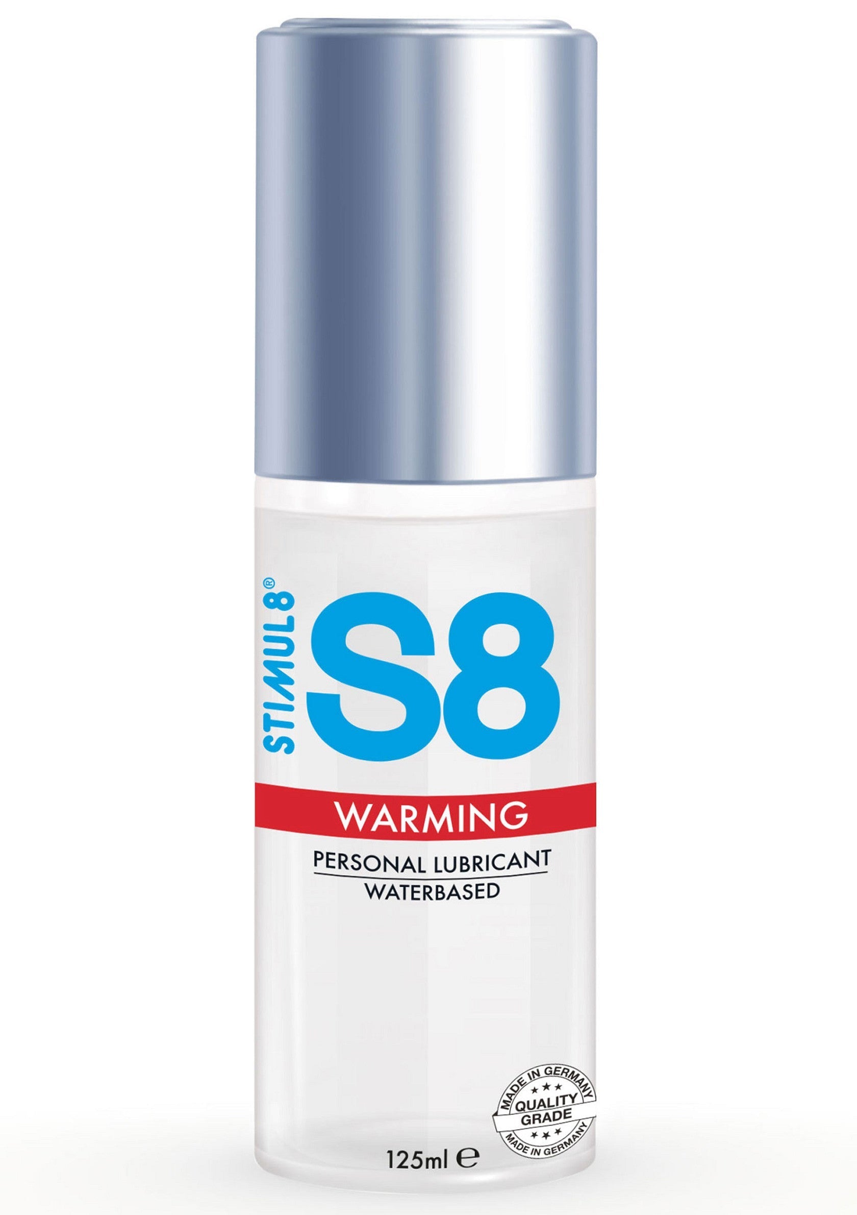 Lubrifiant personnel Stimul8 S8 Warming à base d'eau pour une sensation de chaleur intense. Contenance : 125ml.; Stimul8 S8 Warming glijmiddel op waterbasis voor een intens warm gevoel. Inhoud: 125ml.; Stimul8 S8 Warming personal lubricant waterbased for intense warm sensation. 125ml.