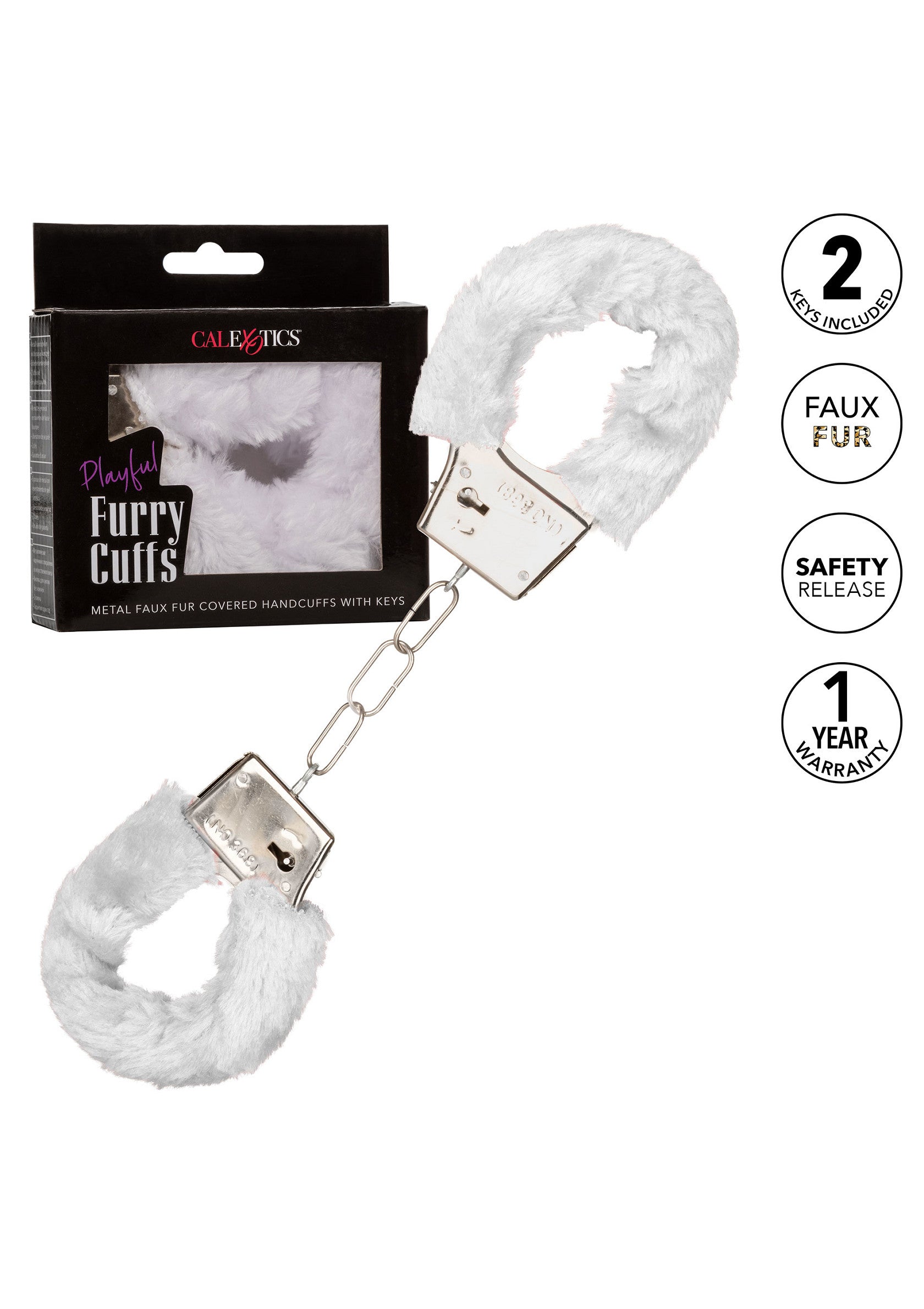 Menottes coquines en fausse fourrure blanche Calexotics pour une nuit câline et excitante.; Speelse Calexotics witte faux fur handboeien voor een knuffelige en opwindende nacht.; Playful Calexotics white faux fur handcuffs for a cuddly and exciting night.
