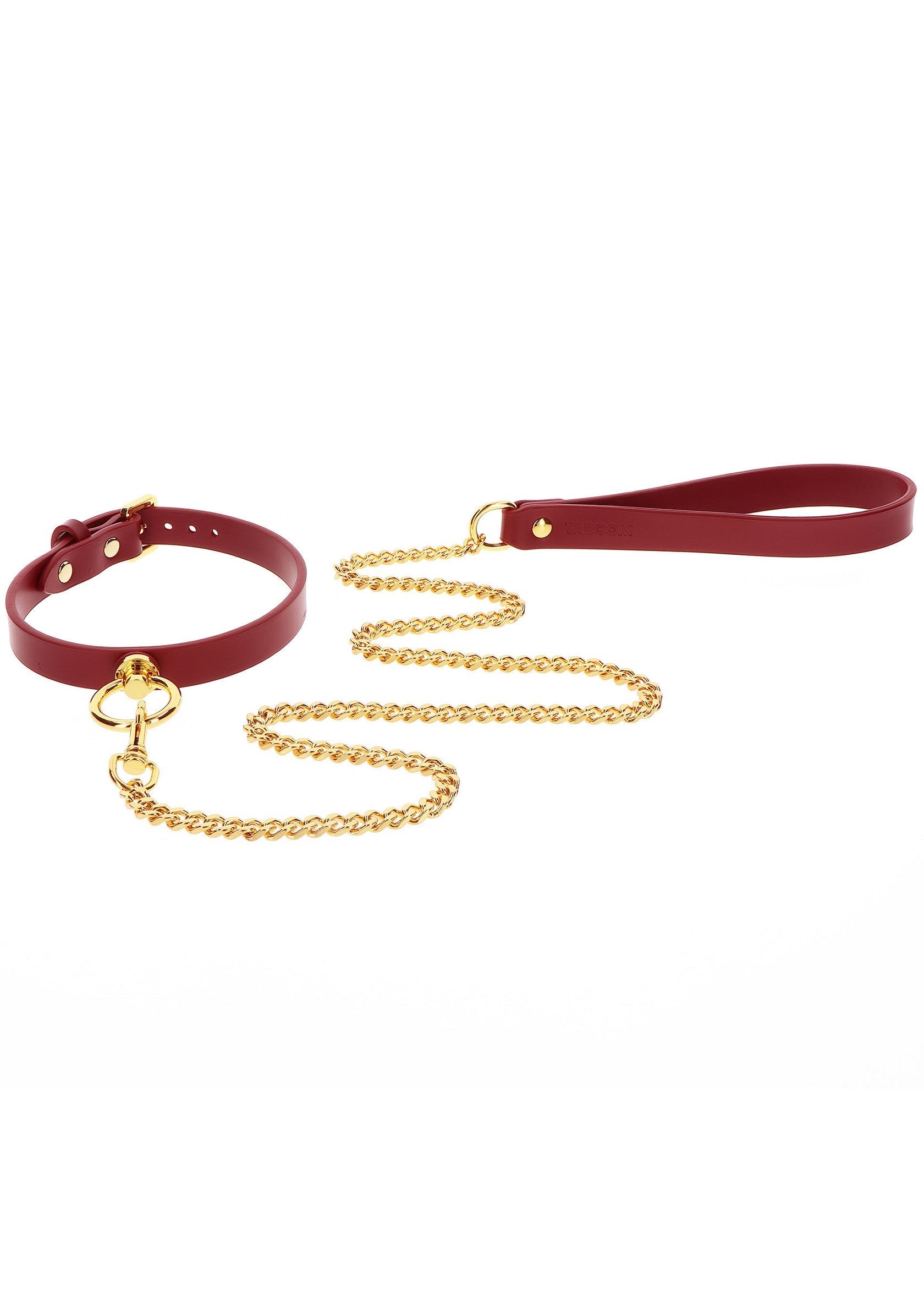 Collier rouge avec laisse à chaîne dorée. Accessoires érotiques de qualité supérieure pour jeux de rôle et de soumission.; Rode halsband met gouden kettingriem. Hoogwaardige erotische accessoires voor rollenspel en onderwerping.; Red collar with golden chain leash. High-quality erotic accessories for roleplay and submission.