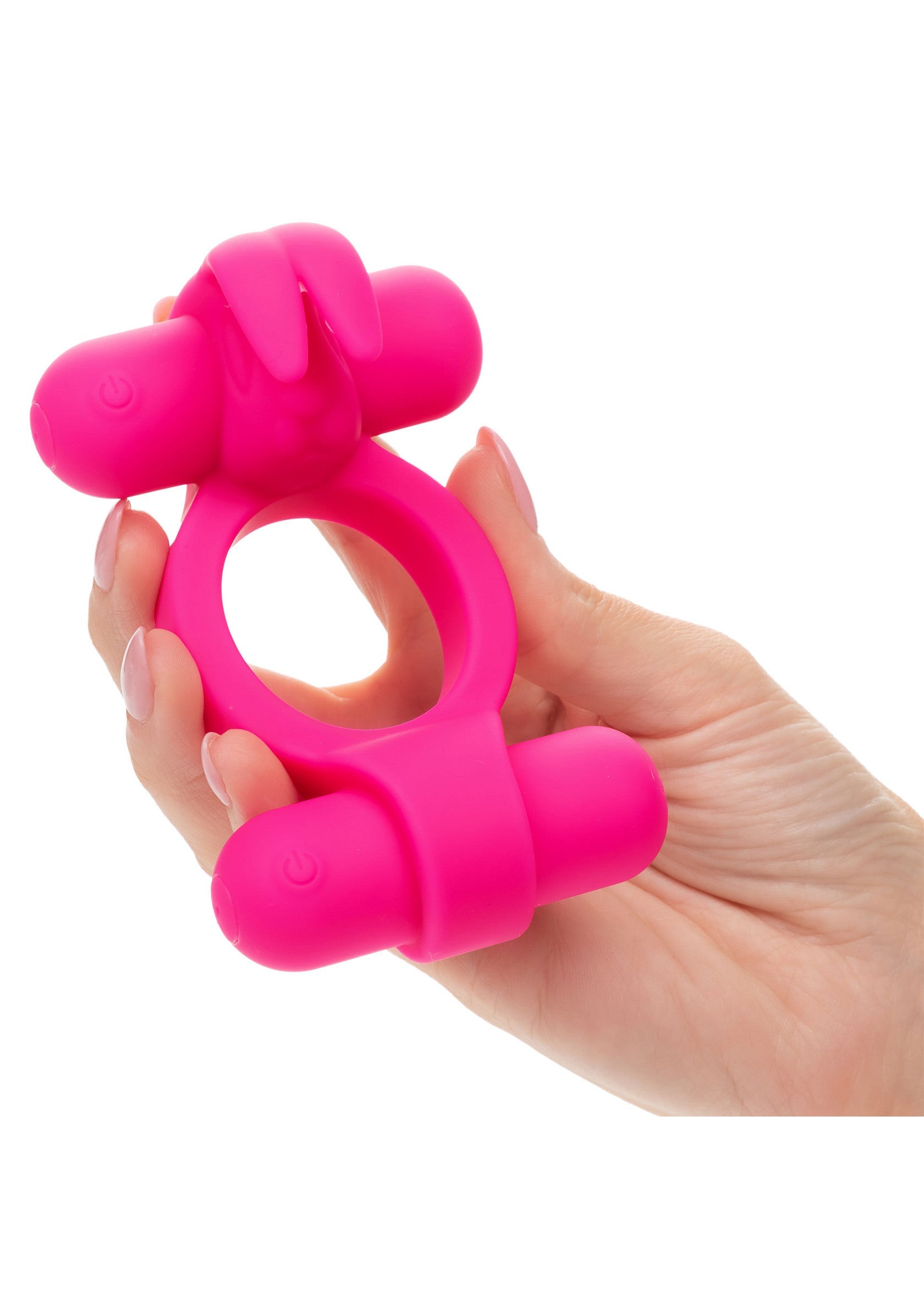 Anneau vibrant rose avec oreilles de lapin, pour des sensations intenses et un plaisir partagé.; Roze vibrerende ring met konijnenoren, voor intense sensaties en gedeeld plezier.; Pink vibrating ring with bunny ears for intense sensations and shared pleasure. 