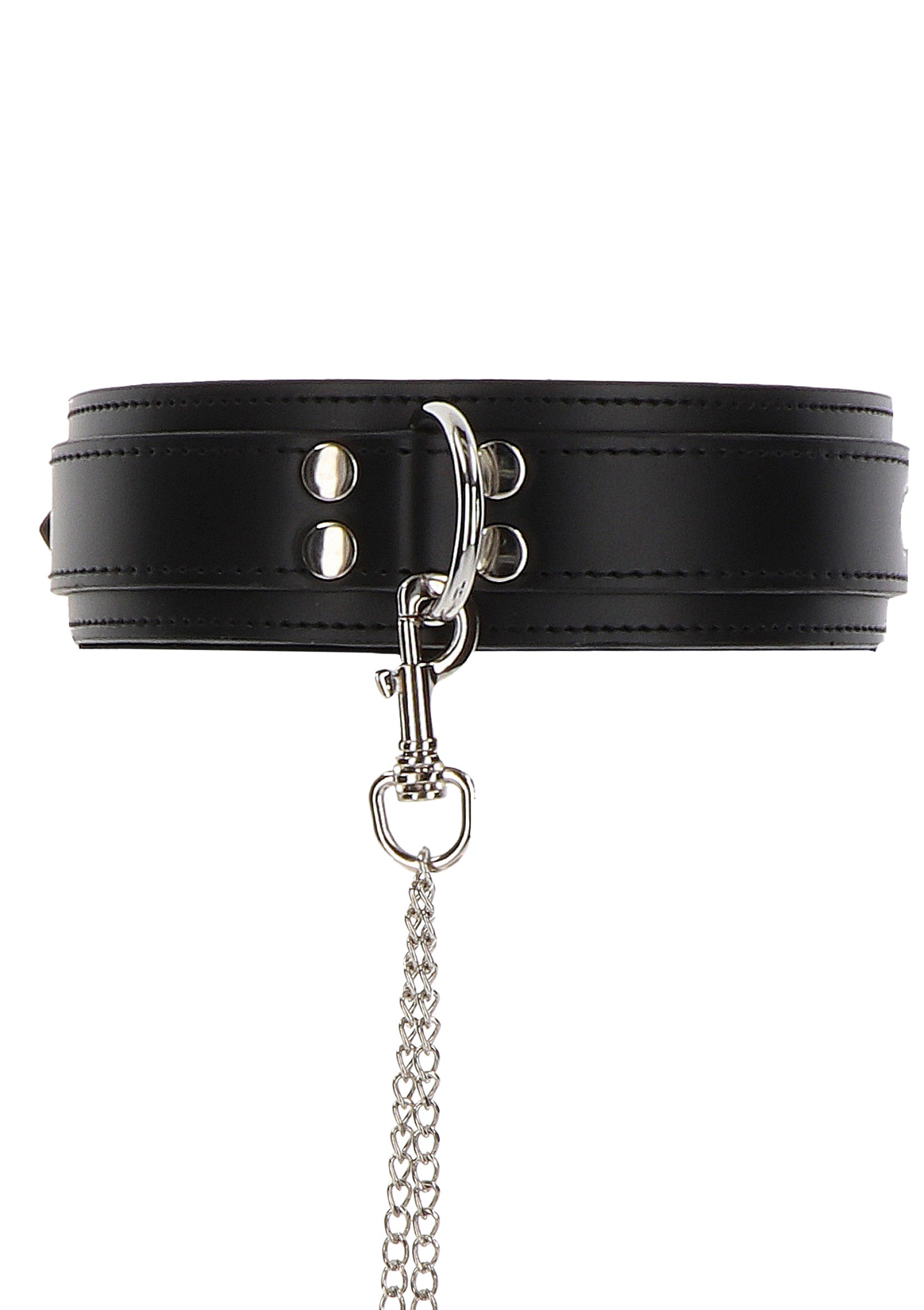 Collier en cuir noir avec chaîne. Accessoire de mode audacieux et élégant. Conçu pour le plaisir et le style.; Zwarte leren halsband met ketting. Stijlvol en gedurfd modeaccessoire. Ontworpen voor plezier en stijl.; Black leather collar with chain. Stylish and bold fashion accessory. Designed for pleasure and style.