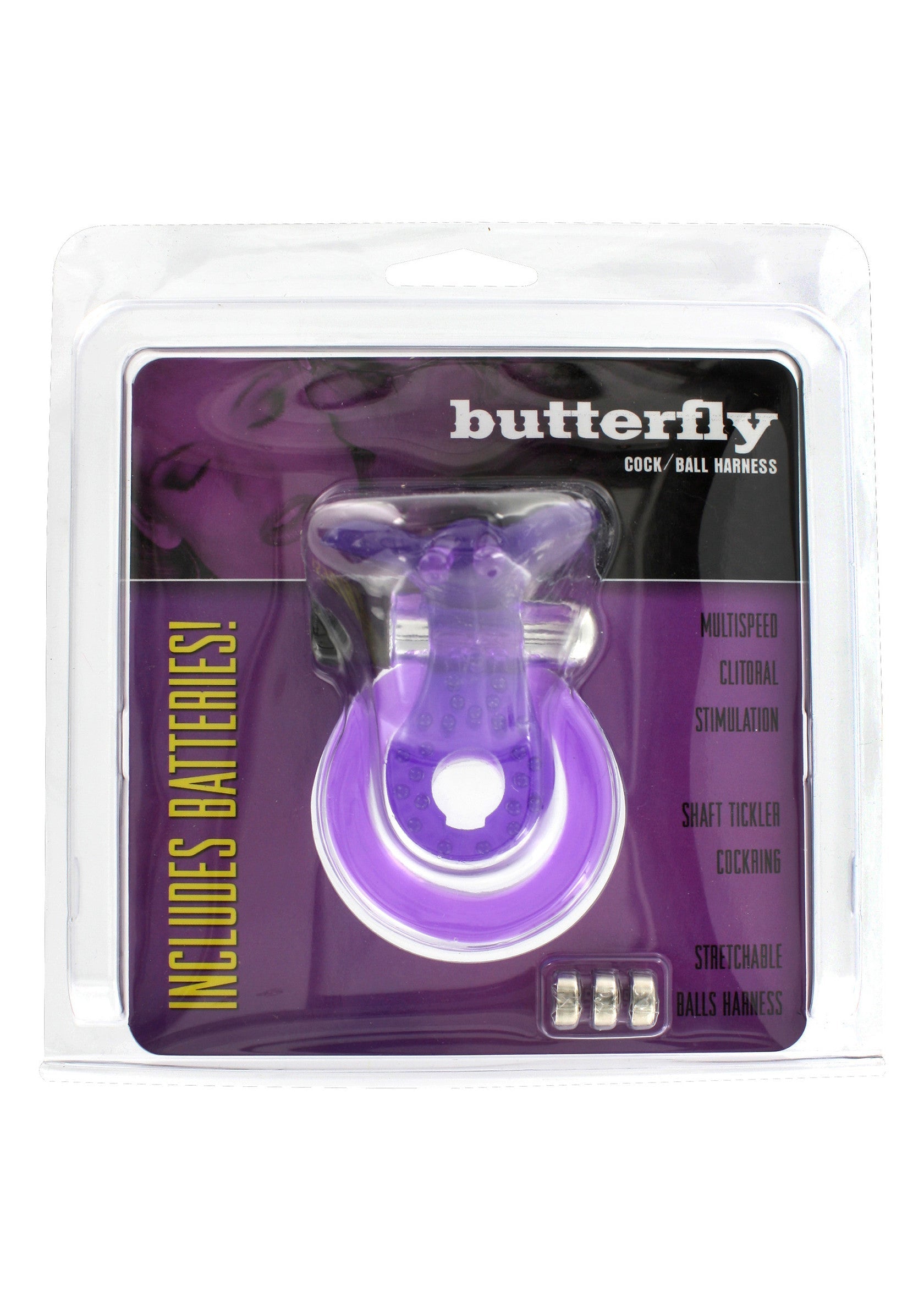 Harnais pénis/testicules Butterfly violet. Stimulation clitoridienne multispeed, avec piles incluses.; Paars Butterfly penis/ballen harnas. Multispeed clitorale stimulatie, inclusief batterijen.; Purple Butterfly cock/ball harness. Multispeed clitoral stimulation, batteries included.