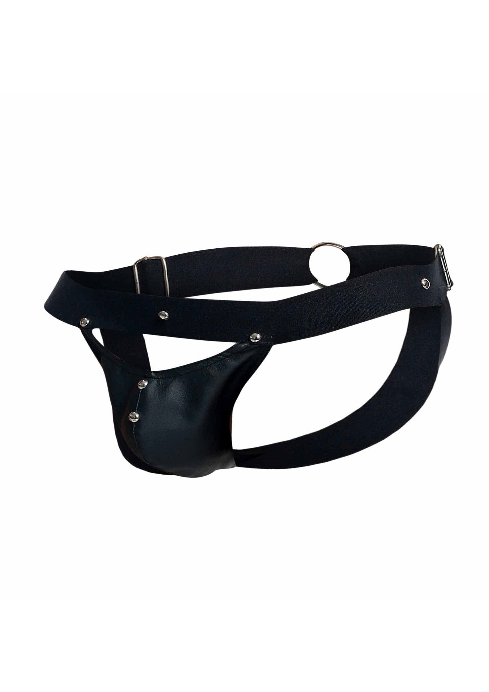 Jockstrap noir en cuir et élastique, avec anneau métallique. Lingerie érotique masculine.; Zwarte jockstrap van leer en elastiek, met metalen ring. Erotische herenlingerie.; Black leather and elastic jockstrap with metal ring. Erotic men's lingerie.