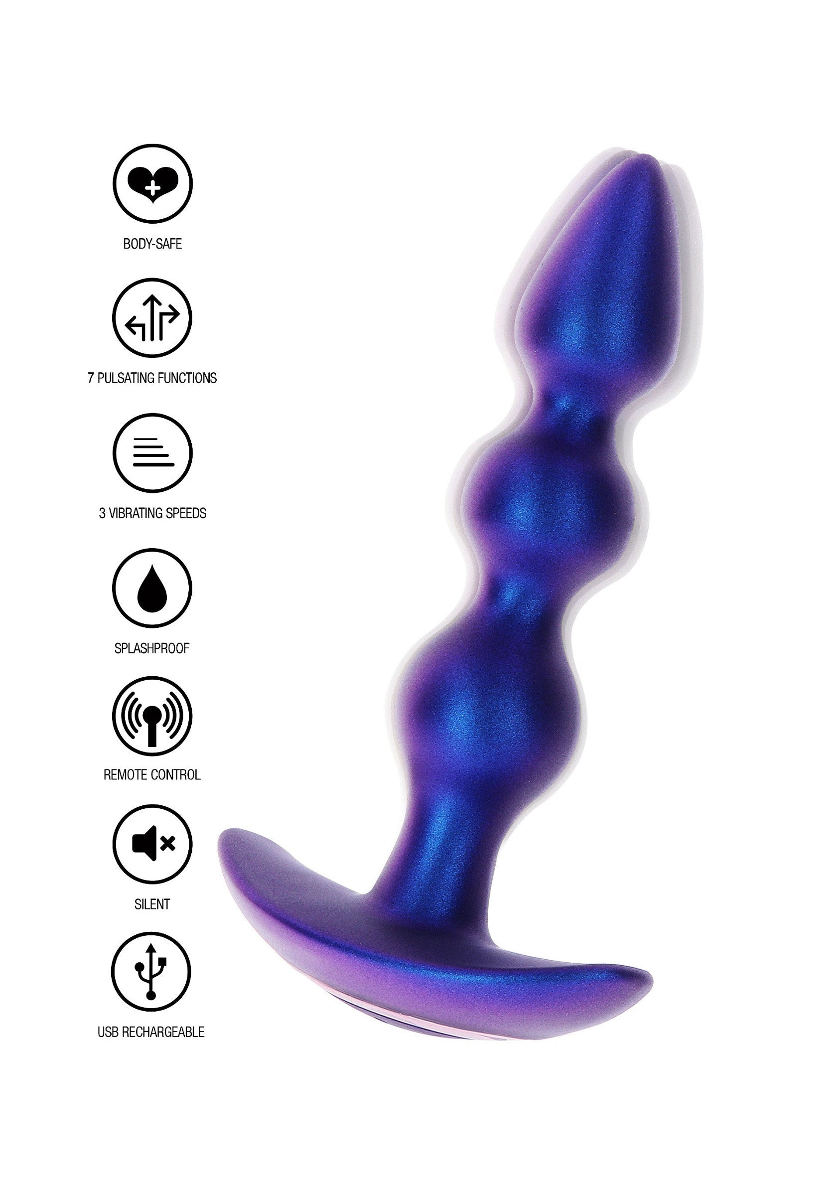Plug anal vibrant violet avec 7 fonctions, 3 vitesses, télécommande, silencieux et rechargeable par USB.; Paarse vibrerende anale plug met 7 functies, 3 snelheden, afstandsbediening, stil en USB oplaadbaar.; Purple vibrating butt plug with 7 functions, 3 speeds, remote control, silent, and USB rechargeable.