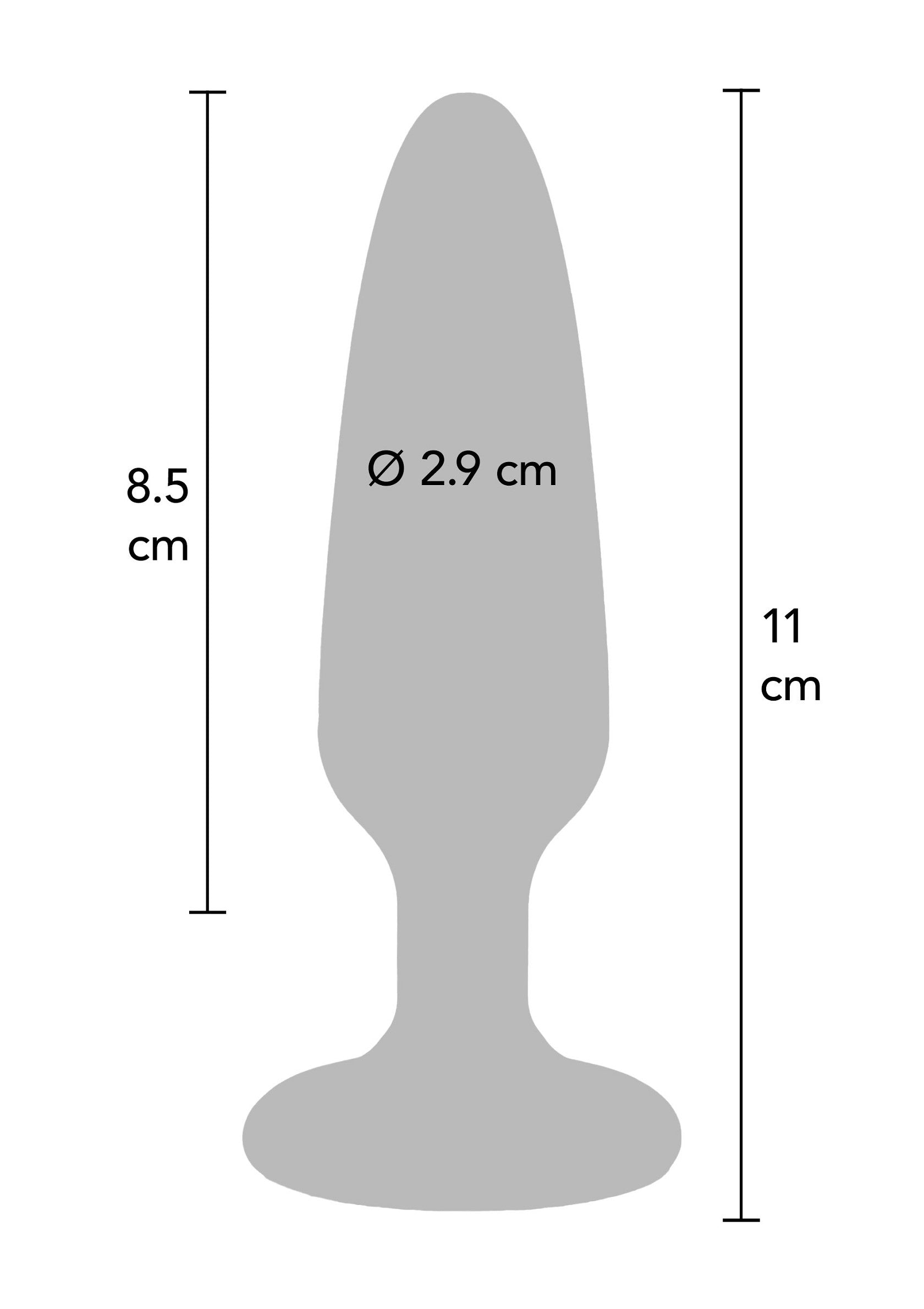 Schéma d'un plug anal avec les dimensions : 8.5 cm, 11cm et un diamètre de 2.9 cm.; Schema van een anale plug met de afmetingen: 8.5 cm, 11cm en een diameter van 2.9 cm.; Diagram of an anal plug with the dimensions: 8.5 cm, 11cm and a diameter of 2.9 cm.