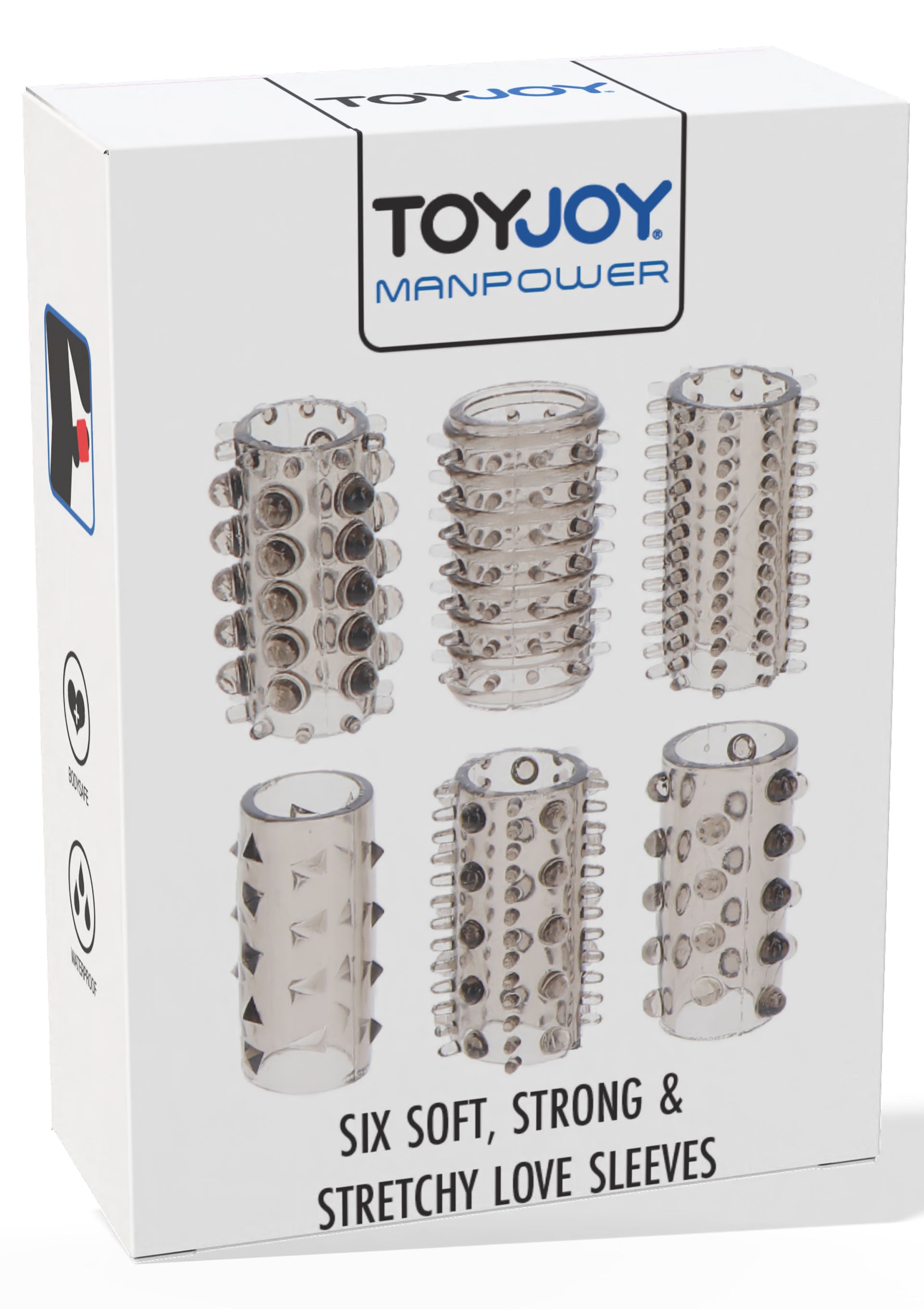 Manchons d'amour ToyJoy Manpower. Ensemble de six manchons doux, solides et extensibles.; ToyJoy Manpower love sleeves. Set van zes zachte, sterke en rekbare sleeves.; ToyJoy Manpower love sleeves. Set of six soft, strong & stretchy sleeves.