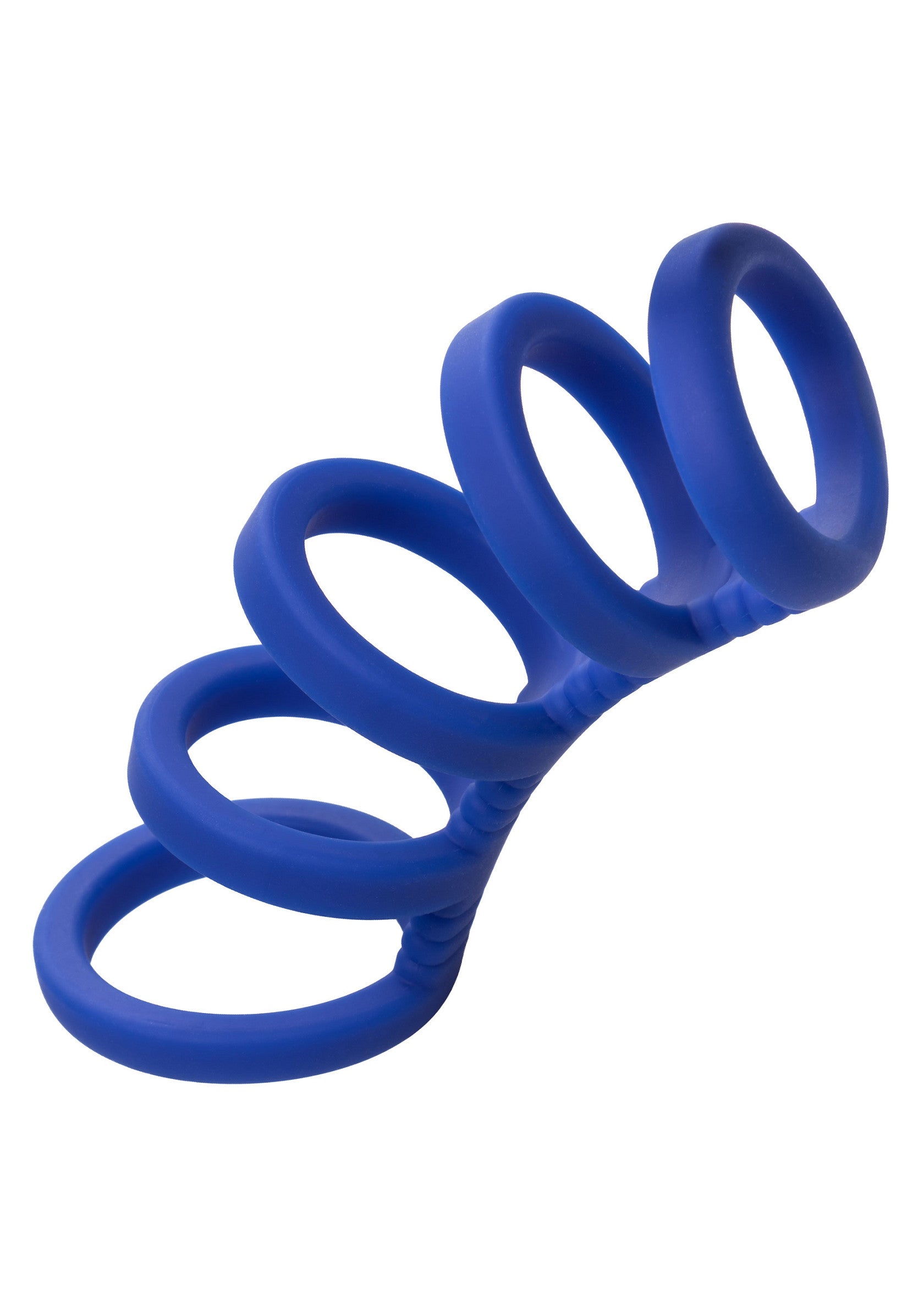 Anneau pénien à quatre boucles bleues pour le plaisir et l'endurance.; Blauwe penisring met vier lussen voor plezier en uithoudingsvermogen.; Blue four-loop cock ring for pleasure and stamina.