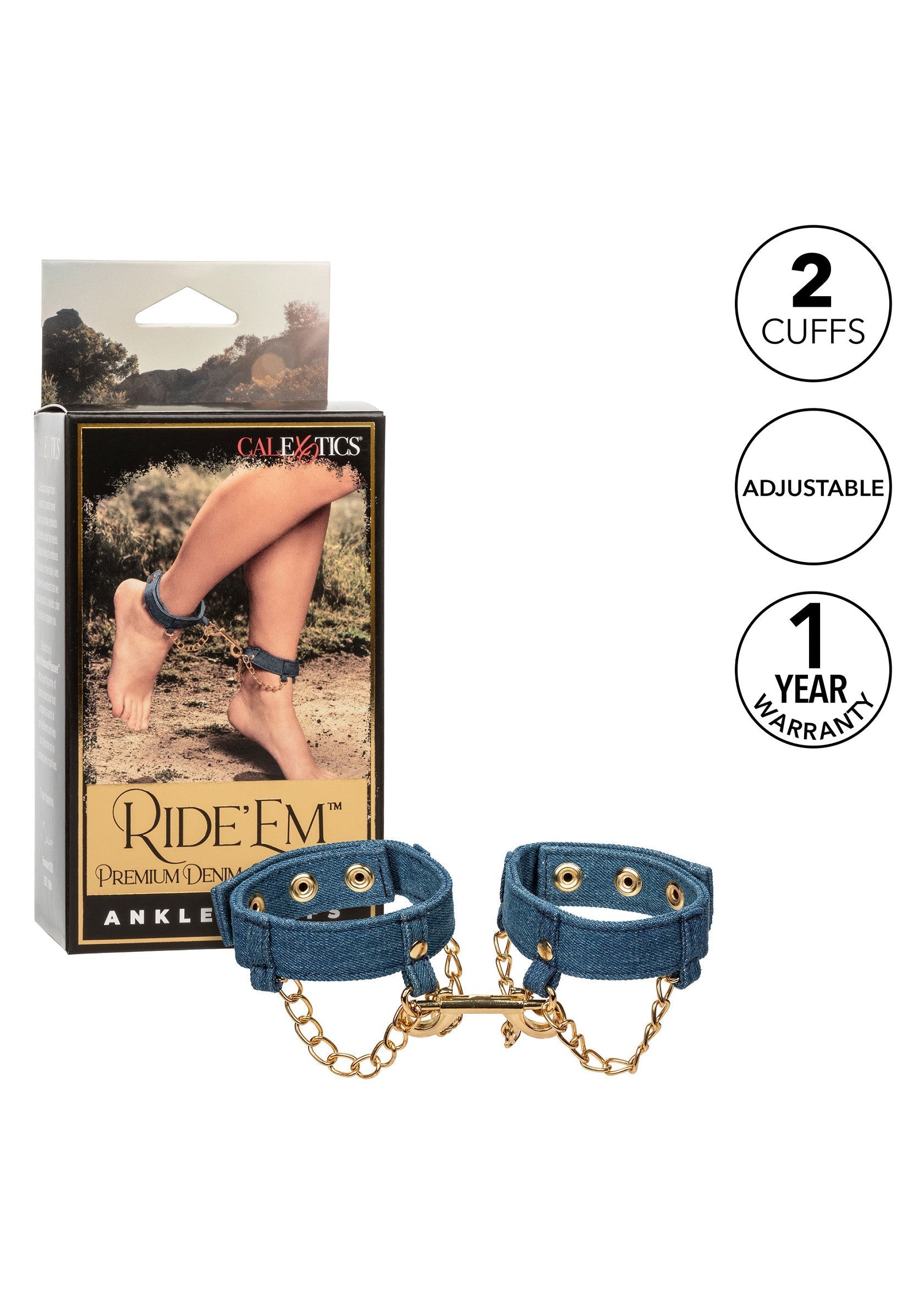 Menottes de cheville en jean haut de gamme Ride'Em : réglables, 2 menottes, garantie 1 an. ; Ride'Em premium denim enkelboeien: verstelbaar, 2 boeien, 1 jaar garantie.; Ride'Em premium denim ankle cuffs: Adjustable, 2 cuffs, 1 year warranty.